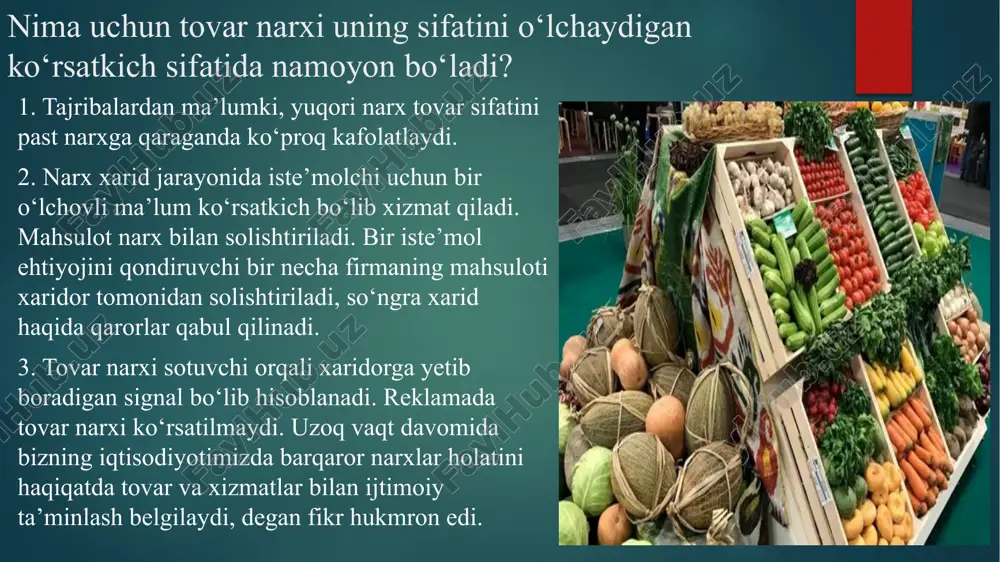 etilgan va shartnomaning jami amal qilish muddati davomida o‘zgartirilishi mumkin bo‘lmagan narx (shartnoma kelishuviga ko‘ra). bozor narxi – oldi-sotdi olib borishda, ayrim bozorlarda qo‘llanuvchi baholar. maqsadga yo‘naltirilgan narx siyosati turli xil narxlarni belgilashni ko‘zda tutadi. qabul qilingan belgilariga ko‘ra narxlar turlar bo‘yicha tasniflanadi. ulardan eng muhimlarini ko‘rib chiqamiz. tariflar - bu xizmatlar uchun narxlar. masalan, elektroenergiya, aloqa xizmati uchun tariflar, temir yo‘l tariflari. davlat tariflari rejalashtirilgan narxlarning bir shaklidir. temir yo‘lda, avtomobillarda va boshqa transport vositalarida yuk tashish tarifidan transport tashkilotlari o‘zaro hisob-kitob qilishda ham, transportdan foydalangan davlat, kooperatsiya korxonalari bilan hisob-kitob qilishda ham shu tarifdan foydalanadilar. davlat tomonidan narxlarning boshqarilishi darajasi va ularni tartibga solishning boshqa vositalariga ko‘ra quyidagi narxlar farqlanadi: boshqariladigan narxlar bu – darajasi boshqaruvning mos keluvchi organlari tomonidan nazorat qilinadigan narxlar. ularning orasidan eng oxirgi (yakuniy) narxni ajratish mumkin (korxona o‘z mahsuloti yoki xizmatiga undan yuqori baho belgilash huquqiga ega bo‘lmagan narxlar), jalb etilgan narxlar (ma’lum …