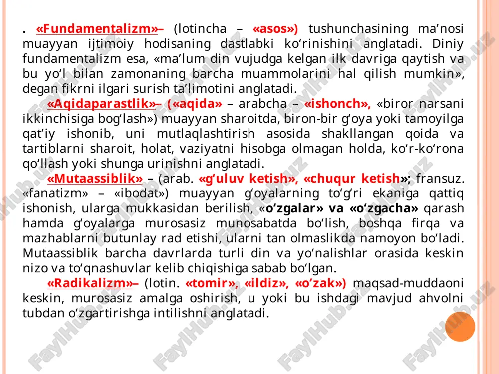 shirilgan. milliy terrorizm agar jamiyatda hukmron millatning manfaatlarigina hisobga olinib, qolgan barcha kichik millat va etnik guruhlarni milliy ehtiyojlarini inobatga olinmasdan o'tkaziladigan tazyiq siyosati milliy terrorizmni keltirib chiqaradi. yoki ayrim sinflar manfaati hisobga olinib, boshqa sinflar manfaati inkor etilgan (masalan, burjua yoki proletariat diktaturasidagi) siyosat yuritilsa, u sinfiy terror ko'rinishi sifatida namoyon bo'ladi. (bunday terroristik siyosatga 1930 yillardagi sovetlar qatagoni misol bo'la oladi). «al-qoida» («asos») transmilliy diniy-siyosiy guruhining dastlabki strukturalari 1988 yili afg'onistonda sovet qo'shinlariga qarshi harbiy harakatlarda ishtirok etish uchun usama bin loden rahbarligida pokistonning qo'shni afg'oniston bilan chegaradosh hududida ochilgan “maktabi xidomat” tashkilotiga kelgan jangarilar asosida vujudga kelgan. g'arb va aqshning global etakchiligiga qarshi kurash, islomning fundamental asoslariga qaytish va yagona islomiy xalifat qurishdek maqsadlar dasturiga monand ravishda 1992 yilda hartum (sudan)da qayta shakllantirilgan. «al-qoida» halqaro terroristik tashkiloti tomonidan aqsh, evropa, yaqin sharq, iroq, rossiya, ispaniya, turkiya va o'zbekiston kabi davlatlarda sodir etilgan dahshatli terroristik hurujlar shuni ko'rsatadiki, …