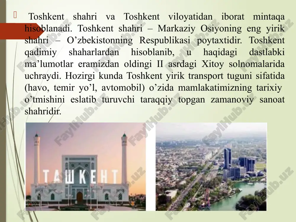 anadi. alisher navoiyi nomidagi o’zbekiston milliy kutubxonasi toshkent “ma’rifat markazi”me’moray majmuasida mamlaktdagi eng kata qo’lyozma va bosma nashrlar saqlanadigan alisher navoiy nomidagi o’zbekiston milliy kutubxonasi joylashgan.kutubxona fondida o’zbek tilidagi asarlarning dunyodagi eng kata to’plami mavjud.rus olimi bibliograf v.i.mejov kutubxonaning birinchi nashrlarini to’plashga jalb qilingan. hazrati imom majmuasi toshkentning diniy yodgorliklaridan biri bu aholi orasida xast-imom nomi bilan mashhur.maydon eski shaharning orqasida joylashgan bo’lib,u1966-yildagi kuchli zilziladan omon qolgan. bu yerda tashrif buyuruvchilar uchun kutubxona ochilgan bo’lib,u yerda sharq adabiyotiga oid ko’plab qo’lyozmalar to’plangan.ular orasida qur’oni ham bor.ushbu qadimiy muqaddas kitob anchayin kata bo’lib,353ta pergament varaqlari o’z ichiga oladi. muqimiy nomidagi o’zbek davlat musiqali drama teatri-o’zbekiston yirik teatrlaridan biri. anhor lokomotiv parki “anhor lokomotiv” istirohat bog’i- bu bolalik olamiga safar qilish uchun ajoyib imkoniyat.12ming kvadrat metrdan oshiq maydonni egallagan karting joylardan biridir.bu yerda ekstremal joylar mavjud.eng yosh tashrif buyuruvchilar uchun mimi-karusellar,batut markazlarida miriqib hordiq chiqarishadi.park markazida “anhor yulduzi”deb nomlangan charxpalakda shahar go’zalligini …
