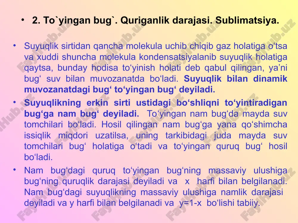 qism esa kamaya boradi. quruq bug‘-bu real gazdir. p2 bosimda uning solishtirma hajmi kam bo‘lib, 3`-nuqta 3-nuqtadan chaproqda joylashadi. quruq bug‘ning hajmini o‘zgarishi temperatura o‘zgarishiga qaraganda bosim o‘zgarganda ko‘proq o‘zgaradi. suv bug‘ining h-s diagrammasi rasmda suv bug‘ining hs–diagrammasi tasvirlangan. yuqorida aytib o‘tilgan ediki, 273k (0s) temperaturadagi entropiya va entalpiya shartli ravishda nolga teng deb hisoblanadi. bu holat hs–diagrammada koordinatalar boshi bilan tasvirlanadi. diagrammada ikkita chegara egri chiziq chizilgan, ular kritik nuqta k da bir-biriga qo‘shilib ketadi. pastki chegara egri chiziq (x=0) da suvning qaynash temperaturasidagi turli holatlar uchun entalpiya h1 va entropiya s1 ning qiymatlari qo‘yilgan. yuqorigi egri chiziq (x=1) da qaynash temperaturasidagi to‘yingan quruq bug‘ning turli holatlari uchun hii va sii ning qiymatlari qo‘yilgan. chegara egri chiziqlar hs–diagrammani ikki sohaga bo‘ladi. bu egri chiziqlardan yuqorida o‘ta qizigan bug‘ sohasi, pastda esa to‘yingan nam bug‘ sohasi joylashadi. to‘yinish sohasidagi izobarlar to‘plami nolp nuqtadan boshlanadigan va tarmoqlanib ketadigan to‘g‘ri chiziqlar to‘plamidan …