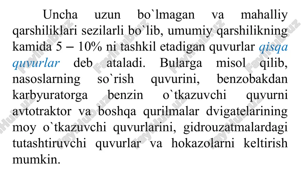 quvurlar uzun o’tkazgich quvurlarning parallel o’lchanishda, m va n nuqtalar oralig’da bir necha quvurlar o’tadi quvurlar qarshiligini to’liq yengishga sarflanadigan quvurlarning boshi va oxiridagi pyezometrik naporlarning farqi h naporni tashkil etadi. har qaysi uchastka quvurida harakat bir xil napor ostida sodir bo’ladi. lekin uchastka uzunliklari har xil bo’lgani uchun, har qaysi uchastkada gidravlik nishablik har xil istalgan uchastka bo’yicha o’tadigan sarf (1) yoki (2) alohida uchastkalar sarfvlarining yig’indisi umumiy sarfga teng, ya’ni parallel ulangan quvurlar sistemasining m nuqtasiga keladigan va shu sistemaning n nuqtasidan chiqib ketadigan sarflar teng: (3) (1) va (3) lardan (4) yoki (5) testlar 1.“uzun” quvurlar deganda qanday quvurlar tushuniladi? a) suyuqlikni ideal deb faraz qilinganda; b) suyuqlik laminar tartibda harakatlanganda; c) suyuqlik oqimining turbulent tartibdagi harakatida; d) maxalliy napor yo‗qolishlari uzunlik bo’yicha napor yo’qolishining 5 foizdan kam miqdorini tashkil qilganda. 2.“qisqa” quvurlar deganda qanday quvurlar tushuniladi? a) suyuqlikni ideal deb faraz qilinganda; b) maxalliy napor yo‗qolishlari …