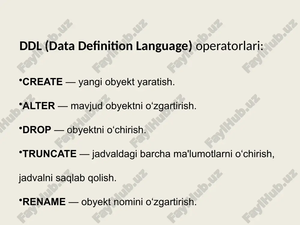 gramfiles\common files\borland shared\data papkasida joylashgan. ok tugmasini bosing. natijada daraxtsimon strukturaning database elementiga bo'yso'nuvchi employee.gdb elementi paydo bo'ladi. u ham o'z novbatida bo'yso'nuvchi xususiy elementlarga ega. ma'lumotlar bazasining elementlariga domenlar (domains), jadvallar (tables), indekslar (indexes), ko'rinishlar (views), saqlanuvchi protseduralar (stored procedures), tashqi funktsiyalar (external functions), istisno (exceptions), blob-filtrlar (blob filters) va rollar (roles) kiradi. interbase da ma'lumotlar bazasini yaratish interbase mbbt da ma'lumotlar bazasini yaratishni “xodimlar” bo'limi uchun ma'lumotlar bazasini yaratish misolida ko'rib o'tamiz. ibconsole dasturini ishga tushiramiz. bu dasturdagi interactive sql oynasini ochamiz. bu oyna yordamida sql buyruqlarni bajarish mumkin. bu buyruqlarni delphi ilovalari orqali ham bajarish mumkin. mb ni yaratish «xodimlar» dasturi uchun ma'lumotlar bazasini yaratishni avval aloxida katalok ochishdan boshlaymiz. bu katalogda dastur fayllari va ma'lumotlar bazasi joylashadi. «xodimlar» daturining ma'lumotlar bazasini nomi staff.gdb bo'lsin. ma'lumotlar bazasini va uning elementlarini yaratishdan oldin interactive sql oynasiga quyidagi buyruqni kiritamiz: set sql dialect 3 agar bu buyruqni bajarish paytida …