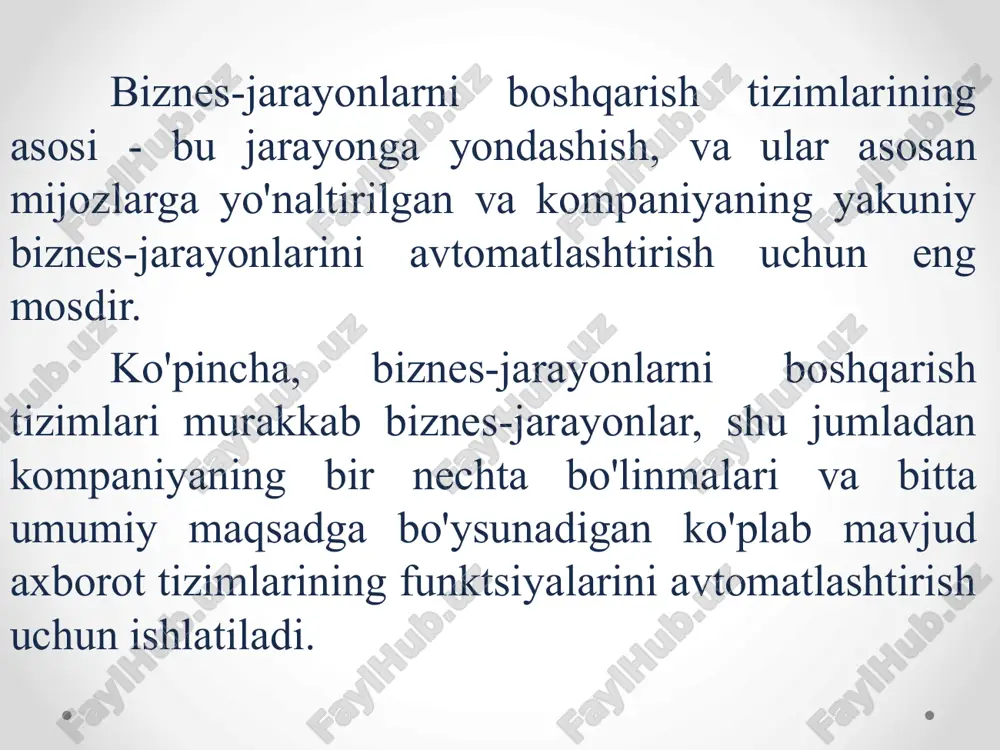 sh oqimlari, ma'lumotlar oqimi va hujjatlarni boshqarishni amalga oshiradi. modul, shuningdek, belgilangan ish qoidalarining bajarilishini kuzatadi; 10 jarayon interfeysi moduli. modul foydalanuvchilarga berilgan vazifalarni ko'rishga va ularni bajarishga imkon beradi; jarayonni boshqarish moduli. modul sizga jarayonlarni kuzatish, jarayon ko'rsatkichlarini olish, ularni tahlil qilish, ular asosida hisobotlarni tuzish imkonini beradi. monitoring sizga biznes jarayonlarini optimallashtirish va o'zgartirishlar kiritish imkonini beradi; bpm tizimini boshqarish moduli. modul sizga dasturiy ta'minotni sozlash, kirish huquqlarini tayinlash, boshqarish vositalarini boshqarish imkonini beradi. bugungi kunda biznesni boshqarishning maqbul strategiyalari uzoq muddatli raqobatdoshlik ustunligini yaratish va kompaniyaning investitsion jozibadorligini oshirishning asosiy omiliga aylanmoqda. samarali boshqaruv pul yoki moddiy qadriyatlar singari resursdir. aynan ushbu resurs doimiy o'zgarib turadigan bozor sharoitiga tezkor javob qaytarishga, korxona faoliyatining barcha jihatlarini nazorat qilishga, muammolarni tezda aniqlashga va harakatlarni eng zarur bo'lgan joyga jamlashga yordam beradi. 11 e’tiboringiz uchun rahmat kbuoysha69@gmail.com 998916069778 obrazets teksta vtoroy uroven tretiy uroven chetvertiy uroven pyatiy uroven image2.png image3.png