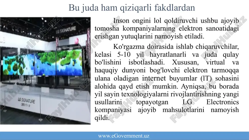 kiryuvish mashinasi ishini tugatganidan xabardor bo'lish. ha dangasalik — taraqqiyotning eng yaxshi dvigatelidir. siz uyga yetib kelmasdan turib, ovqat tayyorlash uchun oldindan buyruq berishingiz, uy bilan deyarli «gaplashish» mumkin. www.egovernment.uz 9 virtual o'yinlar o'yin ishqibozlari rift virtual garnitura chiqishini kutmoqdalar. kompaniyani yaqinda facebook sotib oldi, shu sababli ijtimoiy tarmoqda mazkur qurilmaning paydo bo'lishini ko'pchilik kutmoqda. samsung o'z garniturasini taqdim etdi, u ham smartfon va oculus vr yordamida amal qiladi. sony morpheus loyihasi ustida ishlamoqda. yaqin kunlarda mazkur garnituradan birini sotib olishingiz hamda biror tomoshadan bahramand bo'lishingiz, o'yin o'ynashingiz yoki ko'zlangan maqsadda fordalanishingiz mumkin. virtual haqiqat deyarli yonginamizda. www.egovernment.uz ekransiz displey ekransiz displey aynan siz o'ylagan buyumdir. mazkur displeyni displeysiz buyum deyish mumkin. mazkur texnologiya keyingi yigirma yillik davr mobaynida yaratilgan, biroq hali yana ko'p va uzoq yillar kutishga to'g'ri keladi. bunday buyumlarga fantastika olamining bir qismi bo'lgan gologrammalarni kiritish mumkin. ehtimol, tasvirni aynan ko'z to'r pardasining o'zida paydo etilishi ham …