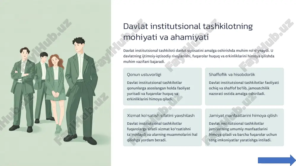 natish uchun uchrashuvlar va forumlar tashkil qiladi. fikrlarni yig'ish tashkilot jamoatchilik fikrini o'rganish uchun so'rovnomalar va boshqa usullarni qo'llaydi. internet resurslari tashkilotning rasmiy veb-sayti orqali jamoatchilikka kerakli axborotlar taqdim etiladi. 10 davlat institutsional tashkilotlarining faoliyatini nazorat qilish davlat institutsional tashkilotlarining faoliyatini nazorat qilish tashkilotning qonunlarga muvofiqligi, samaradorligi va hisobdorligini ta'minlashga qaratilgan. ichki nazorat tashkilotning o'zi tomonidan o'tkaziladigan nazorat tashkilotning samarali faoliyatini ta'minlashga qaratilgan. tashqi nazorat tashqi nazorat tashkilotning qonunlarga muvofiqligi va samaradorligini ta'minlashga qaratilgan. 11 davlat institutsional tashkilotlarining rivojlanish istiqbollari davlat institutsional tashkilotlari rivojlanish istiqbollari davlatning strategik maqsadlariga, jamiyat ehtiyojlariga va zamonaviy texnologiyalar rivojlanishiga bog'liq. 1 raqamlilashtirish tashkilotlarning faoliyatini raqamlilashtirish xizmatlarni takomillashtirish va samaradorlikni oshirishga yordam beradi. 2 shaffoflikni oshirish tashkilotlarning shaffofligini oshirish jamoatchilik ishonchini mustahkamlash va tashkilotning hisobdorligini ta'minlashga yordam beradi. 3 fuqarolar bilan o'zaro munosabatlarni yaxshilash tashkilotlarning fuqarolar bilan o'zaro munosabatlarini yaxshilash tashkilotning samaradorligini oshirish va jamiyatga xizmat ko'rsatish sifatini yaxshilashga qaratilgan. 12 yangi institutsionalistlarning hozirgi talqinida davlatning …