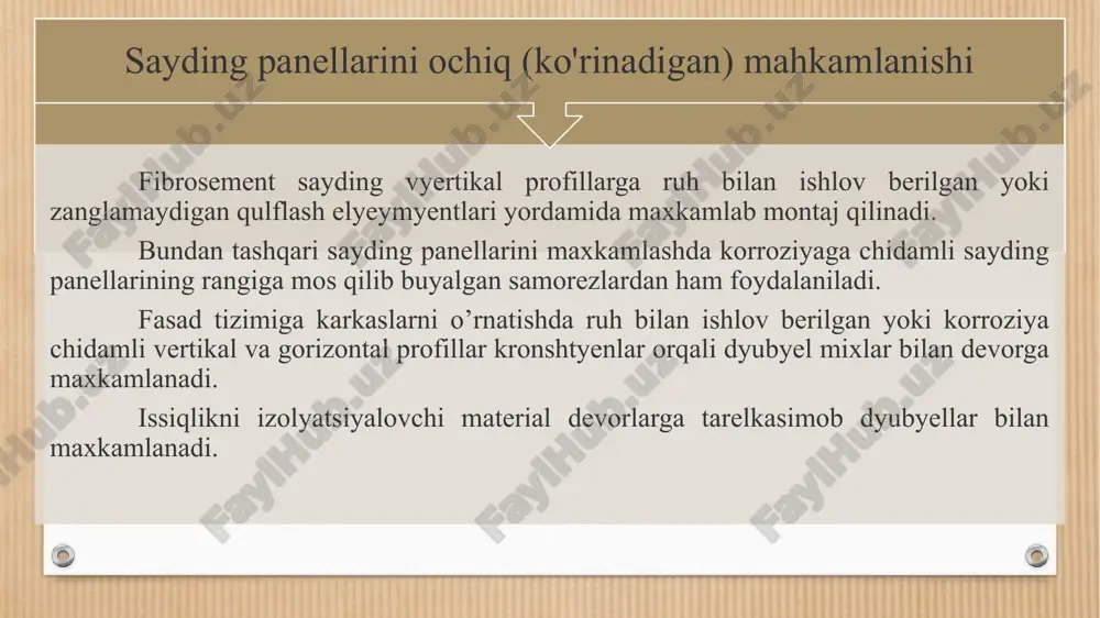 kturali fibrosement sayding panellari silliq bo’yalgan asbestsement sayding panellari fakturali xrizotilsement sayding panellari tabiy tosh nushasi tushurilgan sayding panellari qo’llanish sohasi ushbu fasad tizimi yangi qurilish, rekonstruktsiya va kapital ta'mirlash jarayonida beton, g'isht, tosh va yog'ochdan qurilgan turar-joy va jamoat binolarining tashqi devorlarini pardozlash va izolyatsiyalash uchun ishlatiladi, binolar va inshootlarni « binolarning issiqlik bilan himoyasi » talablariga muvofiqlashtirish uchun, tabiiy va iqlim sharoitlaridan foydalanish cheklovlari mavjud, ular quyidagicha: - material ishlash uchun tavsiya etilgan harorat+ 60 ° c dan — 80 ° c gacha ( sayding yuzasida ) - ro’xsat etilgan namlik – quruq, normal, ho’l. image4.png image5.png image6.png image7.png image8.png image9.png image10.png image11.png image12.png image13.png image14.png image15.png image16.png image17.png image18.png image19.png image20.png image21.png image3.png /docprops/thumbnail.jpeg