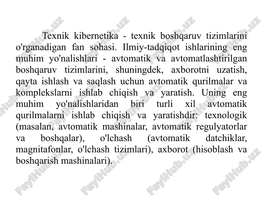 da nazorat belgilanadi, uning amalga oshirilishi birinchi bosqichda shakllangan z* maqsadiga erishishni ta'minlaydi, bu esa sub'ektning ehtiyojlarini qondirishga olib keladi. aynan shu bosqichda rasmiy apparatdan foydalanish mumkin, uning yordamida z * maqsadiga muvofiq boshqaruv sintezlanadi. bu erda 2 - boshqaruv algoritmi. bu algoritm kibernetikani fan sifatida o'rganish predmeti hisoblanadi. shunday qilib, boshqaruv jarayonini ikki bosqichga bo'linadi: • norasmiy - intuitiv, ekspert (shaxsga tegishli); • rasmiy - algoritmik (rasmiy yondashuvlarni qo'llash ob'ekti hisoblanadi). birinchi funktsiya 1 ni sub'ekt bajaradi, ikkinchi funktsiyani 2 esa boshqaruv qurilmasi tomonidan amalga oshiriladi (1.2-rasmda bu elementlarning o'zaro ta'siri ko'rsatilgan). 1.2-rasm. subyekt va boshqaruv tizimining o'zaro ta'siri. shtrixli chiziq sub'ekt tomonidan shakllantirilgan z* nazorat maqsadlarini amalga oshirish funktsiyasini bajaradigan boshqaruv tizimini (bt) ajratib ko'rsatadi. muhit boshqaruv tizimi (bt) f1 – sub'ekt funktsiyasi f2 – ob'ekt funktsiyasi uu – nazorat qilish qurilmasi su – boshqaruv tizimi boshqaruv jarayoni axborot jarayoni sifatida boshqaruv jarayoni quyidagilarni o'z ichiga oladi: uni …