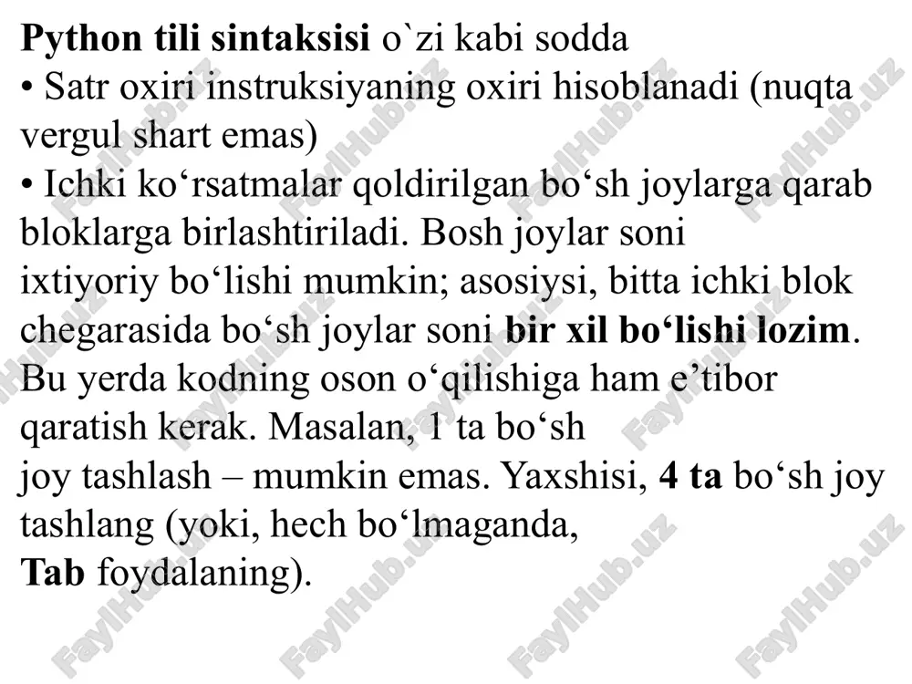 amali: // - butun qismli bo’lish amali: % - qoldiqli bo’lish amali: ** - darajaga ko’tarish (oshirish) amali: yuqoridagi barcha arifmetik amallarni o‟zlashtirish amali (=) bilan birgalikda (arifmetik amal va undan keyin “=” belgisi ketma-ket yoziladi) ishlatish mumkin. masalan: +=, -=, *=, /=, //=, %=, **=. bunday hollarda ifodaning o‟ng tomonidagi barcha amallar hisoblanib, chiqqan natija chap tomondagi o‟zgaruvchi natijasi bilan mos arifmetik amal bajariladi va natija yana chap tomondagi o‟zgaruvchiga yuklanadi. image1.png image2.png image3.png image4.png image5.png image6.png image7.png image8.png image9.png image10.png image11.png image12.png /docprops/thumbnail.jpeg