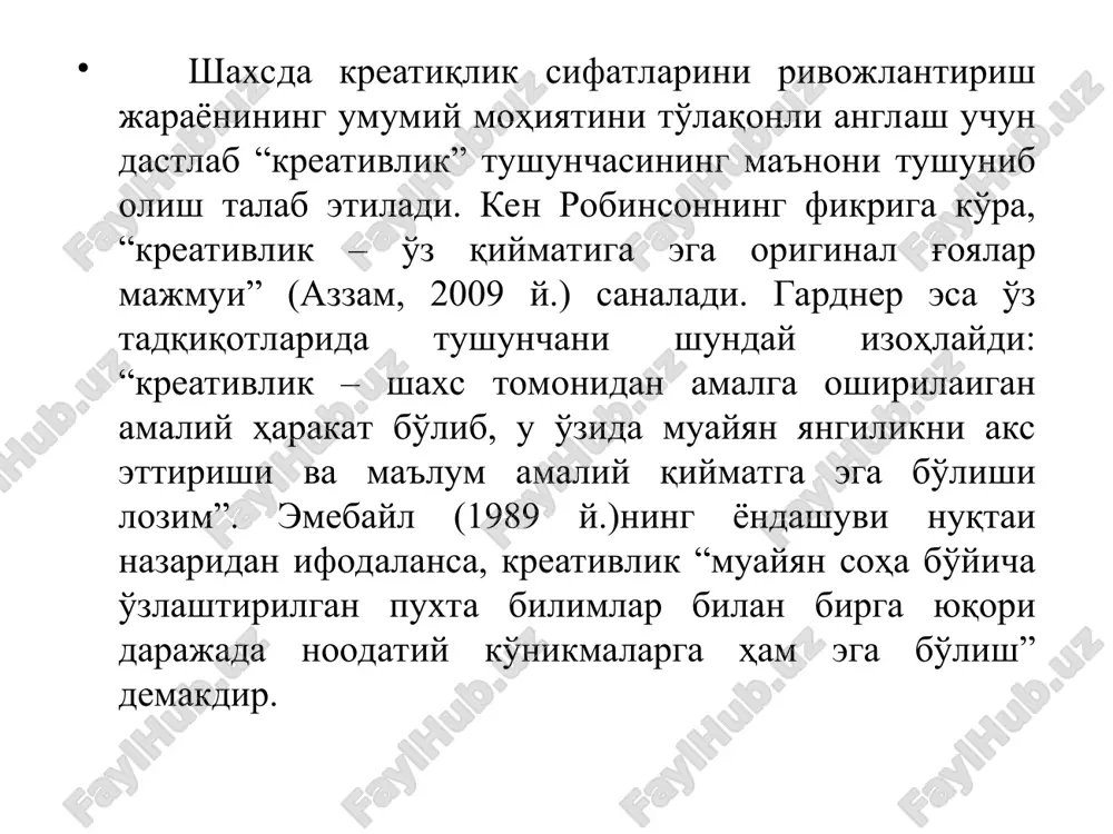 ativ pedagogika” tomonidan kreativ shaxsni kasbiy shaklantirish va rivojlantirish yo'lida quyidagi pedagogik ilmiy-tadqiqot metodlardan foydalanilmoqda: quyida mazkur metodlarning mohiyati to'g'risida qisqacha so'z yuritiladi. suhbat metodi pedagogik kuzatish chog'ida talabaning kreativlikka oid bilimlarini boyitish, vaziyatga to'g'ri baho berish, muammoning echimini topishga imkon beruvchi pedagogik shart-sharoitlarni yaratish, tajriba-sinov ishlari sub'ektlari imkoniyatlarini muammo echimiga jalb etishga yordam beradi. suhbat indiviudal, guruhli hamda ommaviy shaklda o'tkaziladi. suhbat jarayonida talabalarning kreativlik imkoniyatlari to'la namoyon bo'lishiga erishish muhim. suhbatning samarali kechishini ta'minlovchi shartlar: maqsaddan kelib chiqqan holda suhbat uchun belgilanuvchi savollarning mazmuni aniqlash, savollar o'rtasidagi mantiqiylik va izchillikni ta'minlash; suhbat joyi va vaqtini aniq belgilash; suhbat ishtirokchilarining sonini aniqlashtirish; suhbatdosh to'g'risida avvaldan muayyan ma'lumotlarga ega bo'lish; 5) suhbatdosh bilan samimiy munosabatda bo'lish; 6) suhbatdoshning o'z fikrlarini erkin va batafsil ayta olishi uchun sharoit yaratish; 7) savollarning aniq, qisqa va ravshan berilishiga erishish; 8) olingan ma'lumotlarni o'z vaqtida tahlil qilish .