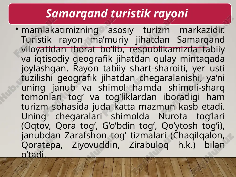 qda. samarqand turistik mintqasining turistik resurslari salohiyati juda katta bo’lib afrosiyob arxeologik majmuasi, mirzo ulug’bek rasadxonasi, shohi zinda arxitektura majmuasi, hazrati hizr masjidi, bibixonim masjidi, ulug’bek madrasasi, sherdor madrasasi, tillakori madrasasi, ruhobod maqbarasi, oqsaroy maqbarasi, go’ri amir maqbarasi, namozgoh masjidi, ishratxona maqbarasi, hoja ahror majmuasi, hoja abdu darun qabristoni kabilarni o’z ichiga oladi 4. mintaqada turizm turlarini rivojlantirish imkoniyatlari. o`zbekiston turistik resurslarning boyligi bilan ajralib turadi. o`zbekistonda diniy turizm, ya’ni aziz qadamjolarni ziyorat qilish maskanlariga juda boy hisoblanadi. jumladan, markaziy osiyoda, qolaversa jonajon o`zbekistonimizda ham aziz avliyolar yashab, dafn etilgan qadamjolar, ziyorat maskanlari beqiyos ko`p. ko`pgina avliyolarning dafn etilgan joylari va qabrlari qaytadan ta’mirlanib, asl holatiga keltirilmoqda. ular qatoriga bahoviddin naqshbandiy, g`ijduvoniy, imom al-buxoriy, mahtumi a’zam, shohizinda, motrudiy, hakim at-termiziy, zangiota kabi aziz avliyolar va imomlar maqbaralari musulmon ahlining beqiyos, go`zal ziyorat qiladigan va ma’naviy ruhlanadigan joylariga aylantirildi. imom al-buxoriy majmuasini muhim ziyoratgohga aylantirish xalqaro ahamiyatga egadir. ziyoratgoh musulmon olamida …