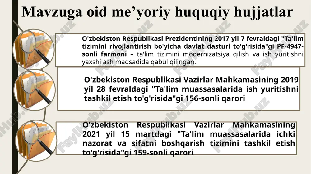 qlanadi va hujjatlar rasmiy talabga mos holda yuritib boriladi 2 xizmat yozishmalarini yuritib borishda xodimlarda akt savodxonligining yetishmasligi xizmat yozishmalari uchun yaratilgan elektron tizimni to’g’ri olib borish yuzasidan xodimlar uchun seminar va treninglar tashkil qilish maktab rahbariyati, akt mutaxassisi o’quv yili davomida hujjatlarni tezkor boshqarish va saqlash imkoni yaratiladi. xodimlarning hujjatlar bilan ishlash ko‘nikmalari oshiriladi 3 xizmat yozishmalarining yuritilishida imloviy xató va jumlalarda xatoliklarning yuzaga kelishi xizmat yozishmalarida davlat tilidan to‘g‘ri foydalanishni nazorat qilish o‘zbek tili va adabiyoti fani o‘qituvchilari, maktab ma'muriyati o’quv yili davomida rasmiy yozishmalarning sifatini oshirish e’tiboringiz uchun rahmat! image3.png image4.png image5.png image2.jpeg image6.jpeg image10.png image11.jpeg image12.jpeg image13.png image14.png image15.png image16.jpeg image17.png image18.jpeg image19.png image20.png image1.jpeg
