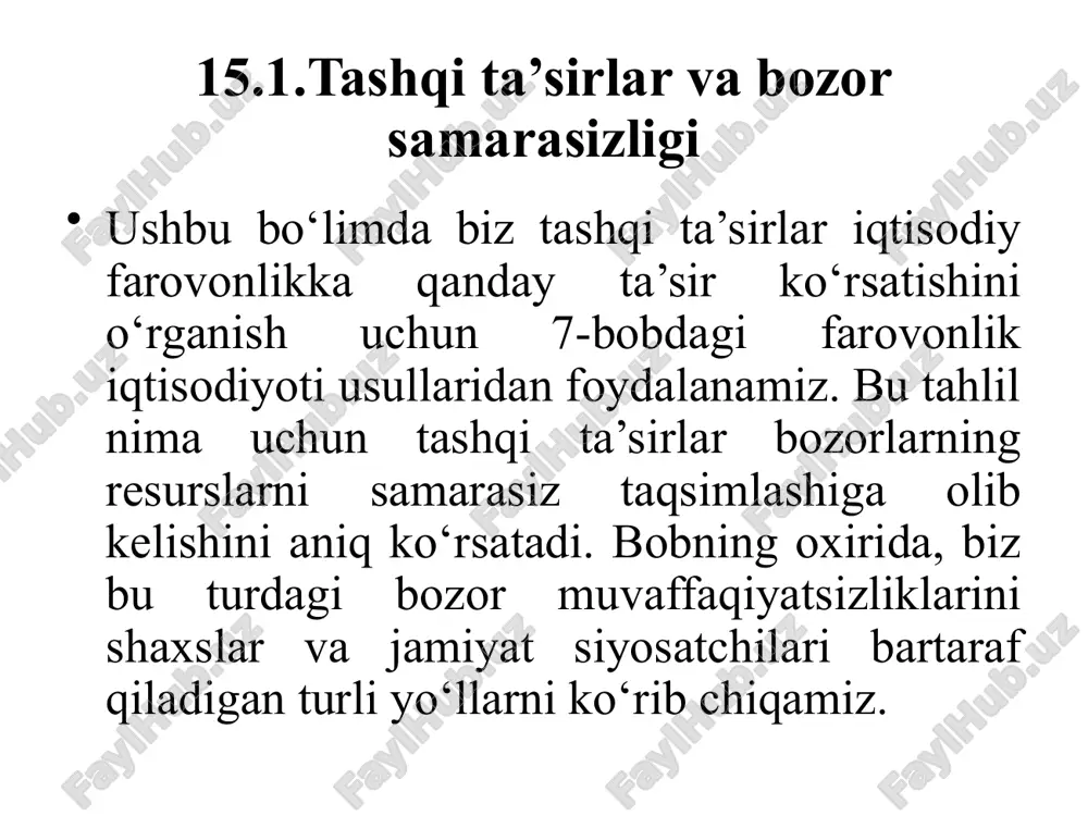 bo‘ladi. shunday ekan, ijtimoiy maqbul qiymat xususiy bozor aniqlagan miqdordan yuqori bo‘ladi. xulosa qilish uchun: salbiy tashqi ta’sirlar bozorlarni ijtimoiy zaruriyatdan ko‘proq, ijobiy tashqi ta’sirlar bozorlarni esa kamroq miqdorda ishlab chiqarishga undaydi. bu muammoni yechish uchun hukumat salbiy tashqi ta’sirli tovarlarga soliq solish va ijobiy tashqi ta’sirli tovarlarga subsidiya berish orqali tashqi ta’sirlarning o‘zlashtirilishiga erishadi. ta’lim va ijtimoiy maqbul holat ijobiy tashqi ta’sir bo’lganda, tovarlar ijtimoiy qiymati xususiy qiymatdan oshib ketadi. shuning uchun, optimal miqdor qmaqbul, muvozanat miqdor qbozor dan yuqori. ta’lim bahosi tashqi foyda muvozanat taklif (xususiy xarajat) maqbul holat ijtimoiy qiymat (xususiy qiymat va tashqi foyda) talab (xususiy qiymat) bozor maqbul ta’lim qiymati texnologik yoyilishlar, sanoat siyosati va patent himoyasi ijobiy tashqi ta’sirning imkoniyatli muhim bir turi – bu texnologik yoyilish, ya’ni bir firmaning tadqiqot va ishlab chiqarish harakatlarining boshqa firma texnologik yangiliklariga ega bo‘lishiga ta’siri. masalan, sanoat robotlari bozorini olaylik. robotlar tez o‘zgarib borayotgan texnologiyalarning boshida turadi. …