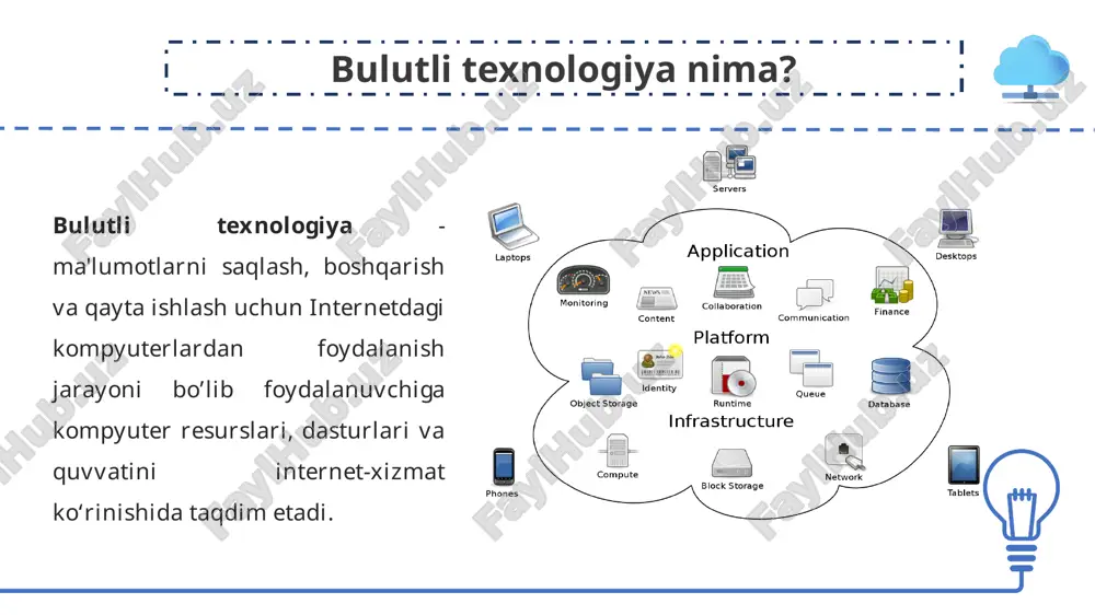 nchli va ishonchli bo'lishi kerak barcha ma'lumotlar internet-provayderga nafaqat saqlash, balki qayta ishlash uchun ham ishonib topshirilishi mumkin emas onlayn xizmat ko'rsatuvchi provayder bir kun muvaffaqiyatsiz bo'lishi xavfi mavjud zaxira ma'lumotlar va u serverning ishdan chiqishi natijasida yo'qoladi. ma'lumotlaringizni onlayn xizmatga ishonib, siz ular ustidan nazoratni yo'qotasiz va erkinligingizni cheklaysiz (foydalanuvchi o'zining ba'zi ma'lumotlarini o'zgartira olmaydi, u o'ziga bog'liq bo'lmagan sharoitlarda saqlanadi). bulutli hisoblashning kamchiliklari bulutli texnologiyalarni qo'llash ta'limda bulutli texnologiyalardan foydalanishga misol sifatida elektron kundalik va jurnallarni, talabalar va o'qituvchilarning shaxsiy kabinetlarini, interaktiv qabul xonasini va boshqalarni nomlash mumkin. bu talabalar ma'lumot almashishlari mumkin bo'lgan tematik forumlardir. bu, shuningdek, o'qituvchi yo'qligida yoki uning rahbarligi ostida talabalar ma'lum ta'lim muammolarini hal qilishlari mumkin bo'lgan ma'lumot qidirishdir. buning uchun siz foydalanishingiz mumkin: kompyuter dasturlari elektron darsliklar diagnostika, test va trening tizimlari amaliy dasturiy ta'minot laboratoriya komplekslari multimedia texnologiyasiga asoslangan tizimlar telekommunikatsiya tizimlari (masalan, elektron pochta, telekonferentsiya elektron kutubxonalar va boshqalar. yangi …