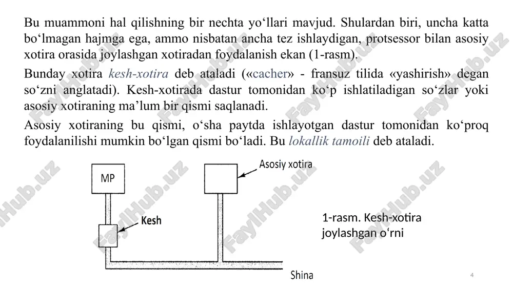 uchraganda, tezkor xotiraga murojaat to’xtatiladi (kechiktirilgan ko’rish). kesh-xotirani tashkil etishning asosiy masalalari kesh-xotirasiga asosiy xotira adreslarini tasvirlash algoritmi. kesh-xotiradan asosiy xotiraga ma’lumotlar va ko’rsatmalarni yozish algoritmi. kesh-xotiradagi satrlarni almashtirish algoritmi. kesh-xotira o’lchami. kesh-xotiradagi satrlar uzunligi. tasvirlash algoritmlari to’g’ridan-to’g’ri (direct mapping). assotsiativ (full associative mapping). assotsiativ-to’plami (set-associative mapping). adresni tasvirlash algoritmlarni taqqoslash to’g’ridan-to’g’ri 1 blok – 1 satr musbat: tezkor qidiruv, kichik teglar, oddiy tashkil etish manfiy: probuksovka kesha (to’liq) assotsiativlik 1 blok – ixtiyoriy satr musbat: net probuksovki kesha manfiy: sekin qidirish, katta teglar, murakkab tashkil etish ko’plik-assiotsiativlik 1 blok – bir nechta satr kompromis variant algoritmi zapisi skvoznaya zapis (write through (wt)). skvoznaya zapis s buferi-zatsiey (write combining). obratnaya zapis (write back (wb)). algoritmi zamesheniya kesh-strok least recently used (lru) most recently used (mru) pseudo-least recently used (plru) almashtirish algoritmi (psevdo-lru algoritmi) kesh-xotira liniyalari hamji qanday bo’lishi kerak? liniya o’lchami kamida xotira kanalining kengligida bo’lishi kerak katta o’lcham - …