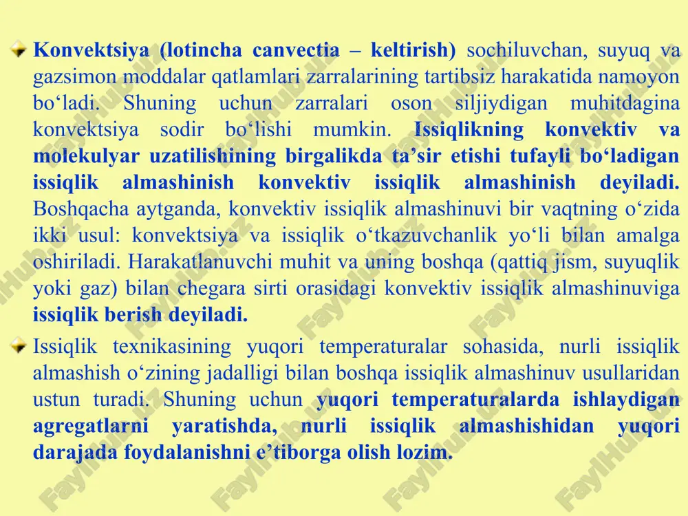 bilan temperatura gradientining vektorlari qarama-qarshi tomonga yo‘nalganligini bildiradi. (5) ifodadagi proportsionallik koeffitsienti  issiqlik o‘tkazuvchanlik koeffitsenti deyiladi. izotermik sirt birligidan vaqt birligi ichida o‘tadigan issiqlik miqdori issiqlik oqimining zichligi deyiladi. q= -dq/(dfd) yoki q= - (t/n) (6) issiqlik oqimi zichligi q ning vektori doimo temperaturaning pasayishi tomoniga yo‘nalgan bo‘ladi. e’tiboringiz uchun raxmat!!!