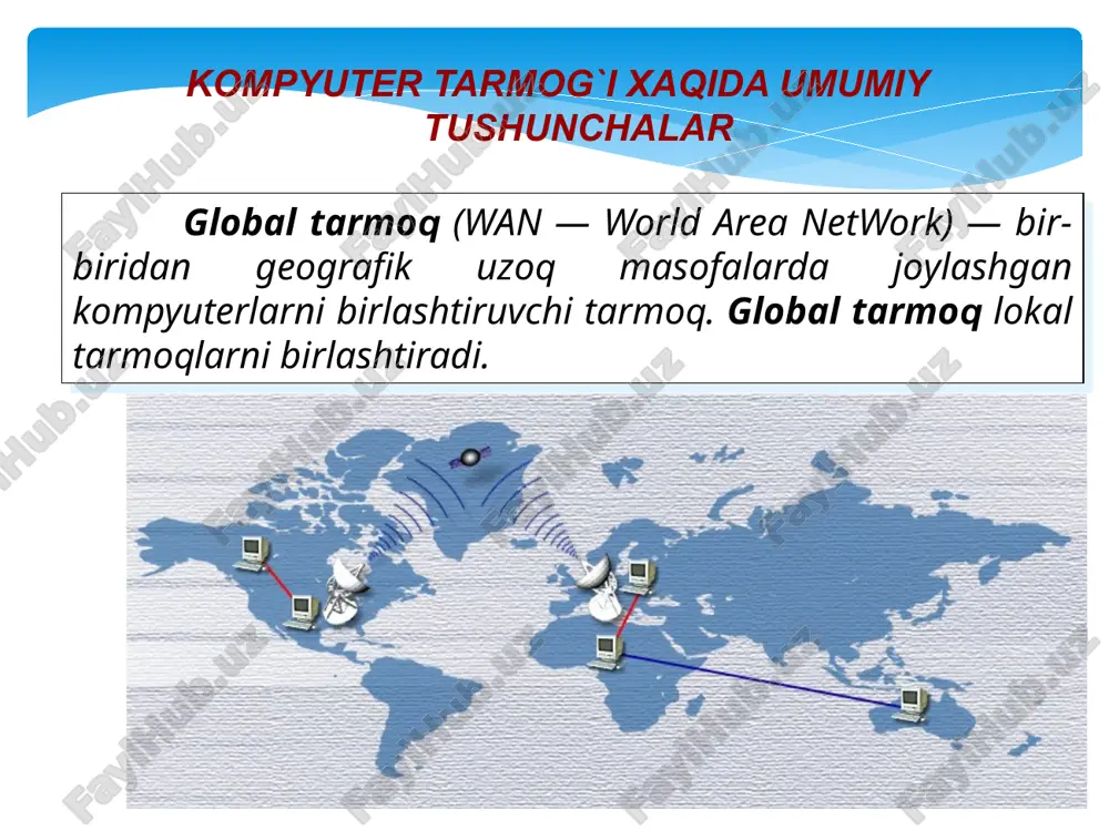 n. ekranlangan kabel elektr magnit halaqitlariga ancha bardoshli bo`ladi. ushbu kabelning kamchiliklari signallarning so`nish koeffitsienti yuqoriligi va elektrmagnit halaqitlariga yuqori darajada sezgirligi, shuning uchun o`rama juftlikdan foydalanishda faol qurilmalar o`rtasidagi eng yuqori masofa 100 metrgacha bo`ladi. 15 tarmoq qurilmalari koaksial kabel. bu kabeldan ma’lumotlar uzatishning ikkita turli tizimida foydalanilish mumkin: signalni modulyatsiyalab va modulyatsiyalamas-dan uzatish. birinchi holda raqamli signal shk dan qanday shaklda uzatilsa, un-dan shunday shaklda foydalaniladi va darhol kabel bo`ylab qabul qilish stansi-yasiga uzatiladi. u tezligi 10 mbit/sek gacha va eng yuqori ta’sir radiusi 4000 m bo`lgan bitta uzatish kanaliga ega. ikkinchi holda raqamli signal analogli signalga aylantiriladi va u qabul qilish stantsiyasiga yo`naltiriladi, u erda u yana raqamli signalga aylantiriladi. signalni aylantirish operatsiyasini modem (modul-yator/demodulyator) bajaradi; har bir stantsiya o`z modemiga ega bo`lishi kerak. ma’lumotlarni uzatishning bu usuli ko`p kanalli (o`nlab kanallar bo`yicha uzatishni ta’minlaydi, buning uchun faqat bitta kabeldan foydalanadi) hisoblanadi. bunday usul bilan tovushlarni videosignallarni, …