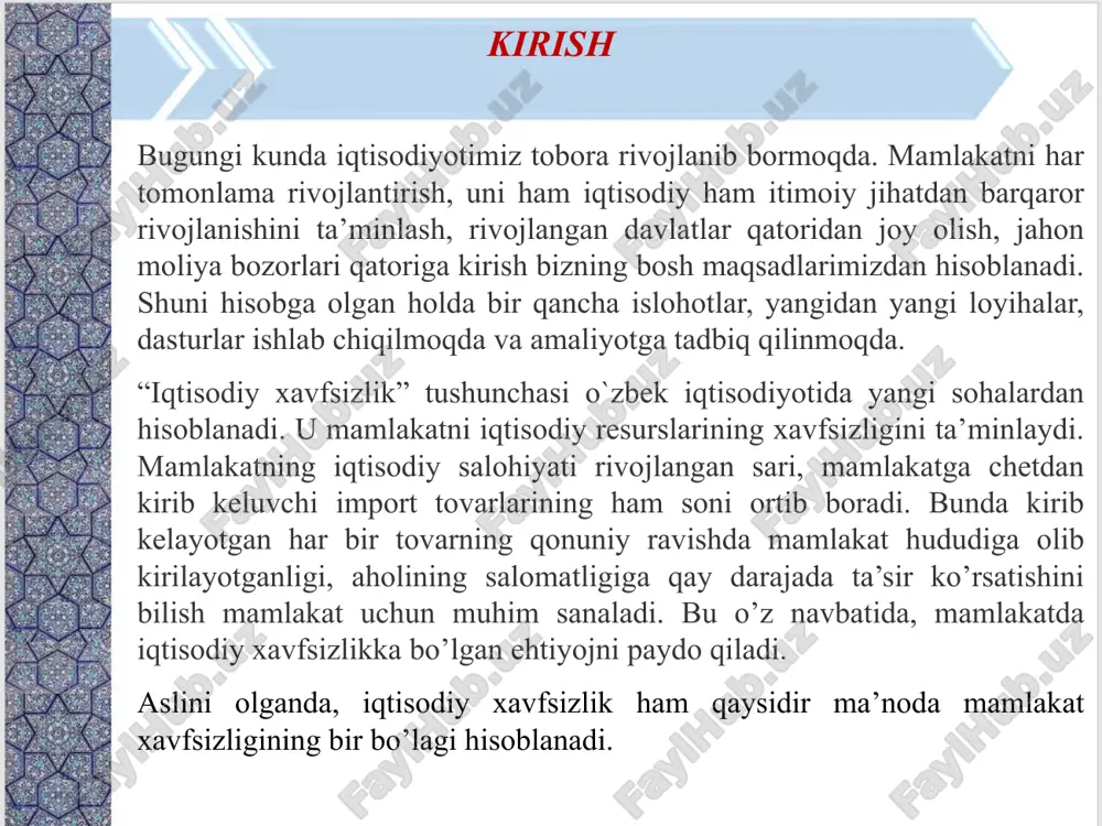 n mahsulotga aylantirish maqsadga muvofiqdir. shundagina mamlakatning iqtisodiy ahvoli jahon bozorlaridagi konyuktura o’zgarishlariga, resurs baholarining o’zgarishiga bog’liq bo’lmaydi. iqtisodiy xavfsizlikning quyi va yuqori tahlikali chegaralar ko‘rsatkichlar quyi va yuqori tahlikali chegara mazmuni darajasi % asosiy kapitalga kiritilgan investisiyalar yalpi ichki mahsulotga nisbatan, foiz (quyi chegara) 16 ishsizlik darajasi iqtisodiy faol aholiga nisbatan, foiz (yuqori chegara) 8 monetizasiya darajasi yalpi ichki mahsulotga nisbatan, foiz (quyi chegara) 25 tashqi qarz yalpi ichki mahsulotga nisbatan, foiz (yuqori chegara) 40 ichki qarz yalpi ichki mahsulotga nisbatan, foiz (yuqori chegara) 30 tashqi qarzlar bo‘yicha to‘lovlar to‘lovlarning yillik eksport hajmiga nisbatan, foiz (yuqori chegara) 25 mudofaaga xarajatlar yalpi ichki mahsulotga nisbatan, foiz (yuqori chegara) 3 fuqarolik fanlariga xarajatlar yalpi ichki mahsulotga nisbatan, foiz (quyi chegara) 1,5 innovasion mahsulotlar sanoat mahsulotlari umumiy hajmiga nisbatan, foiz (quyi chegara) 15 sanoat ishlab chiqarishda mashinasozlik va metallni qayta ishlash sanoat ishlab chiqarish hajidagi ulushi, foiz (quyi chegara) 25 davlat byudjeti …