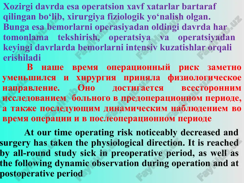 ical are usually produced with medical purpose, are however used and diagnostic operations. the biopsies pertain to diagnostic operation, punctures (the abdominal cavity, hleural, joint, spinomedullar and others), endoscopic of the study (cystoscopy, bronchoscopy, esophagoscopy, gastroscopy, thoracoscopy, laparoscopy and others), angiography and catheterization heart, diagnostic thoracotomy and laparotomy radikal operatsiyalar radikalnie operatsii radical operations radikal operatsiyalar deb zararlangan a’zo yoki to‘qimalar kesib olinadigan yoki olib tashlanadigan operatsiyalarga (appendektomiya, oshqozon rezeksiyasi) aytiladi va bunda kasallikning qaytalanishi kuzatilmaydi. radikal operatsiyalar kengaytirilgan va kombinirlan-gan (oshqozonning atrof a’zolarga o‘sgan xavfli o‘smasida bir vaqt-ning o‘zida taloq, jigarning bir bo‘lagi va limfa tugunlari olib tashlanadi) bo‘ladi radikalnimi operatsiyami nazivayutsya takie, pri kotorix porajennie organi ili tkani rassekayut libo udalyayut (appendektomiya, rezektsiya jeludka), prichem isklyuchayutsya vozmojnost retsidiva i povtornoe vozniknovenie zabolevaniya. radikalnie operatsii mogut bit rasshirennimi i kombinirovannimi (odnovremennoe udalenie selezenki, rezektsiya doli pecheni i udalenie limfouzlov pri prorastayushey opuxoli jeludka v okrujayushie tkani the radical operation …