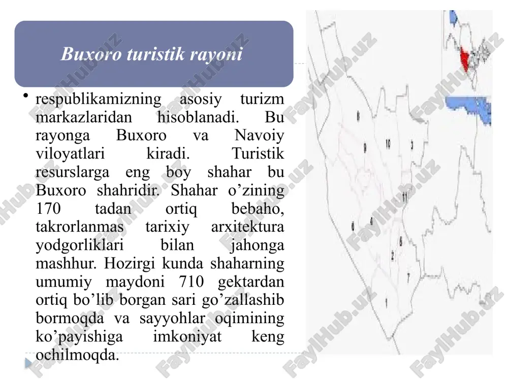 hovuz majmuasi, ismoil somoniy maqbarasi, chashmai – ayub, abdulloxon madrasasi, modari – xon madrsasi, masjidi baland, gavkushon majmuasi, zayniddin hoji xonaqosi, poyi – kalon majmuasi, labi – hovuz majmuasi, ko’kaldosh madrasasi, nodir devonbegi xonaqosi, ulug’bek madrasasi, abdulazizxon madrasasi, bolohovuz masjidi, sayfiddin boharziy maqbarasi, bayonqulixon maqbarasi, fayzobod xonaqosi, chorminor madrasasi, buxoro amirining sitorai mohi – xosa yozgi saroyi, chor – bakr majmuasi. “jayron” ekomarkazi bo’lib u, noyob olachipor jayronlarni maxsus o’rchitidigan ilmiy dargoh bo’lib hisoblanadi. bu obyekt viloyat turizmida yangi marshrutlar ro’yxatini kiritish lozim bo’ladi. nurota tog’ oldida joylashgan "chashma bo’log’i" ko’p asrlardan buyon nurota shahri va uning atrofidagi qishloqlarni suv bilan taminlash bilan bir qatorda diniy ziyoratgohdir. buloq yakinida "chilistun" masjidi, madrasa, abul xasan nuriy maqbarasi va qalasi joylashgan chashmadagi baliqlar ilohiy hisoblanadi. baliqdan taralayotan nur inson nigohini lol qoldiradi. qoratog’ tizmasiniig janubiy yon bag’rida «sarmish darasi»dagi qoyalarda avlodlarimizning hayoti va madaniyatini aks ettiruvchi lavhalar, rasmlar ishlangan. janubiy nurota tizmasida …