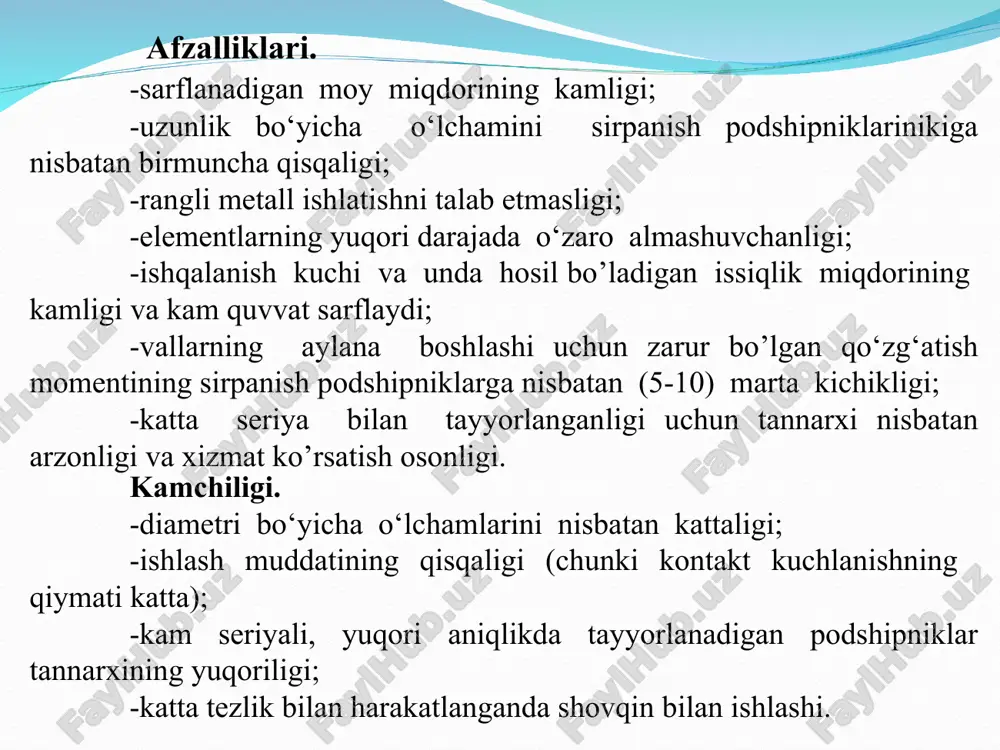 qi diametrlari. zoldirlar soni z ≈(d +d)/(d-d) ikki qatorli zoldirli sferik podshipniklar katta radial kuchlarni qabul qilishi mumkin, bunda halqaning buralishi 1,5+4° gacha bo’lishi mumkin. rolikli ikki qatorli sferik podshipnik larjuda katta radial kuchlarni qabul qilishga mo’ljallangan bo‘lib, halqasi 0,3-2,5° gacha buralishi mumkin. zoldirli radial-tirak podshipniklar radial va bir tomonlama ta’sir qiluvchi bo‘ylama kuchlarni qabul qilishi mumkin. bu xil podshipniklarga zoldirli radial podshipniklarga nisbatan 45% zoldir ko‘p o‘rnatiladi, natijada 30-40% yuklanishni oshirish mumkin. zoldirli tirak podshipniklar bir tomonlama ta’sir qiluvchi bo‘ylama kuchlarni qabul qilishi mumkin. bunda valning tezligi 5-10 m/s gacha bo‘lishi kerak. zoldiming diametri d3 = 0,375 (d- d), zoldirlar soni z = 3,66 (d + d)/ (d - d). kalta rolikli radial podshipniklar zoldirli radial podshipniklarga nisbatan bir necha marta katta radial kuchlarni qabul qilishi mumkin. rolikli radial-tirak podshipniklar radial hamda bir tomonlama ta’sir qiluvchi bo‘ylama kuchlarni qabul qilishi mumkin. bunda valning tezligi 15 m/s gacha bo’lishi mumkin, …