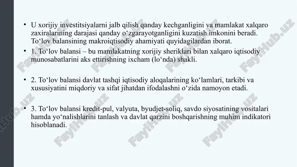 asidagi daromadlarini yana aqsh dollariga aylantirmoqchi chet ellik sayyohlar xorijiy valyutadagi daromadlarini aqsh dollariga qaytarish aqsh iqtisodiyotiga moliyaviy sarmoya kiritmoqchi bo'lgan xorijiy investorlar. aqsh dollari savdosi uchun valyuta bozorining taklif tomonida aqsh iqtisodida import mahsulotlarini sotgan va daromadlarini oʻz milliy valyutasiga qaytarishga intilayotgan xorijiy firmalar aqshning chet eldagi sayyohlari xorijiy iqtisodiyotlarga moliyaviy sarmoya kiritmoqchi bo'lgan amerikalik investorlar. valyuta bozorlarida valyutaga talab va yetkazib beruvchilar xalqaro chegaralarni kesib o'tuvchi va valyuta ayirboshlashni talab qiluvchi moliyaviy investitsiyalar odatda ikki toifaga bo'linadi. to'g'ridan-to'g'ri xorijiy investitsiyalar (fdi) : firmaning o'n foizdan ko'prog'ini sotib olish yoki boshqa mamlakatda yangi korxona ochish portfel investitsiyalari : boshqa davlatga sof moliyaviy investitsiya va boshqaruv mas'uliyatini o'z ichiga olmaydi valyuta bozori qanday ishlaydi. muallif : openstax kolleji. quyidagi manzilda joylashgan : https://cnx.org/contents/vemoh-_p@4.44:pccfhfbd@4/how-the-foreign-exchange-marke . litsenziya : cc by: attribution . litsenziya shartlari : http://cnx.org/content/col11626/latest saytidan bepul yuklab oling 13 portfel investori valyuta bozori qanday ishlaydi. muallif : openstax kolleji. quyidagi …