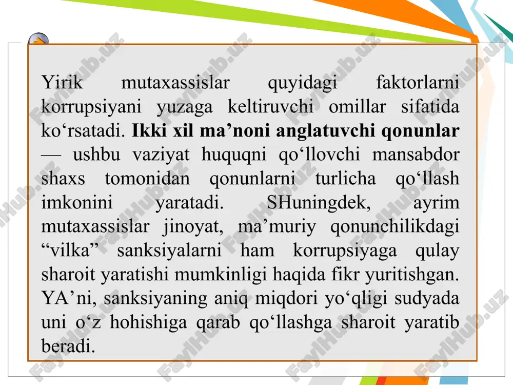 onli qonuni bilan qo‘shilgan bo‘lib, ushbu qonunga muvofiq o‘zbekiston respublikasining bosh prokuraturasi, ichki ishlar vazirligi, milliy xavfsizlik xizmati va adliya vazirligi korrupsiyaning oldini olish bo‘yicha aniq chora-tadbirlar ishlab chiqish va ularni amalga oshirishda boshqa ishtirokchi-davlatlarga yordam ko‘rsatishi mumkin bo‘lgan organlar sifatida belgilab qo‘yilgan. ushbu konvensiyada nazarda tutilgan va korrupsiya sifatida e’tirof etilishi mumkin bo‘lgan qilmishlar o‘zbekiston respublikasi jinoyat kodeksining bir qator moddalari bilan jinoiy qilmish sifatida ta’qib qilinadi. korrupsiyaga qarshi kurashda jahon mamlakatlari tajribasini o‘rganish shuni ko‘rsatadiki faqatgina jinoiy qonunchilikni og‘irlashtirish yo‘li bilan bu salbiy illatga qarshi kurashib bo‘lmaydi (xxr da juda ko‘p miqdorda pora olganlik uchun o‘lim jazosi mavjud). bu illatni engish uchun birinchi navbatda aholining huquqiy savodxonligini oshirish, fuqarolik institutlari faoliyatini kuchaytirish lozim bo‘ladi. islom dinida ham qaytarilgan illatlardan biri – ta’magirlik, poraxo‘rlik (korruptsiya)dir. bu so‘zning arab tilidagi lug‘aviy shakli “فساد”, “رشوة” bo‘ladi. bu so‘zlar korruptsiya ma’nosiga qo‘shimcha ravishda "buzilish", "nizom-tartib buzilishi" va "aynish" kabi ma’nolarni ham anglatadi. …