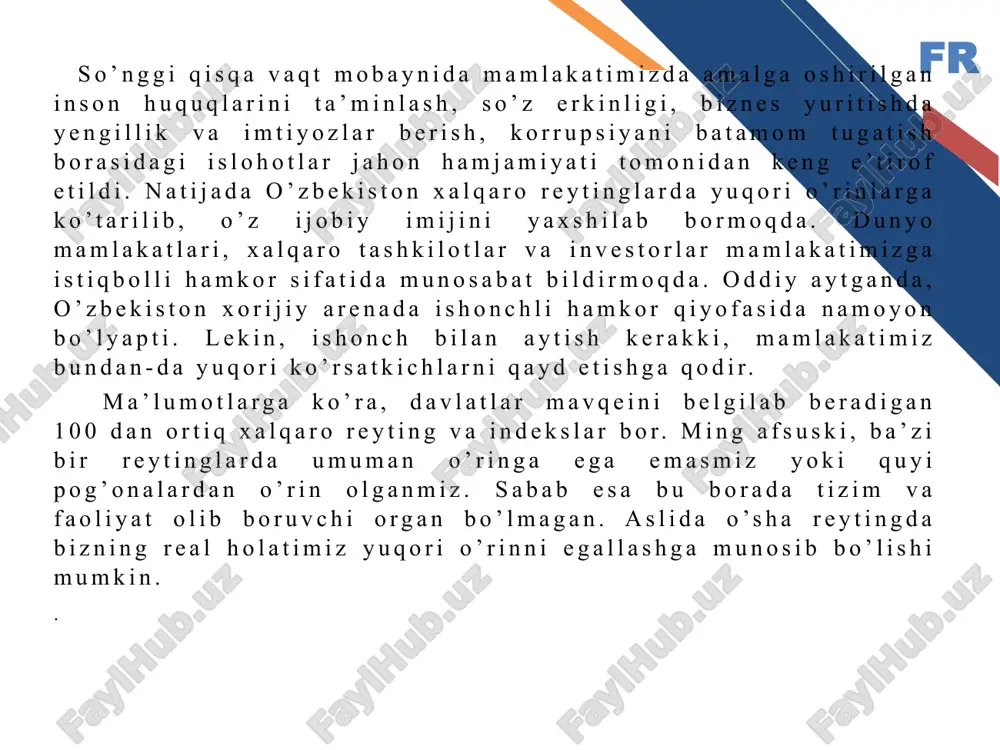 r bo’yicha ko’rsatkichlari 8 jahon bankining o’zbekistondagi doimiy vakili xideki morining ta’kidlashicha reytinglarning fikrlash ozuqasi – bu raqamlardir. turli xalqaro reyting agentliklarining baholash uslubi turlicha. ammo shu o’rinda aytish lozimki, barcha reyting agentliklarining xulosalari ham aniq emas. uning ta’kidlashicha, jahonda sanoqli xalqaro reyting agentliklari to’g’ri reyting yuritadi. bular garvard, moody’s, fitch va standard & poor’s kabi agentliklardir. jumladan, so’nggi to’rt yil mobaynida mamlakatimiz meros jamg’armasining «iqtisodiy erkinlik» indeksida 52 pog’onaga, jahon bankining «logistika samaradorligi» indeksida 19 pog’onaga, «biznes yuritish» indeksida 18 pog’onaga ko’tarildi. o’zbekiston iqtisodiy hamkorlik va taraqqiyot tashkilotining «mamlakatlarga xos xatarlarni tasniflash» tizimidagi 6-guruh mamlakatlari qatoridan 5-guruh mamlakatlari qatoriga ko’tarildi. fr 9 9 o’zbekiston respublikasining xalqaro reyting va indekslardagi o’rnini ko’tarish bo’yicha amalga oshirilayotgan chora-tadbirlar. prezidentimizning 2019 yil 7-martdagi “xalqaro reyting va indekslarda o’zbekiston respublikasining o’rnini yaxshilashga oid chora-tadbirlarni tizimlashtirish to’g’risida”gi pf–5687-sonli farmoni ayni maqsadlarni ko’zlaydi.farmonga muvofiq hozirda o’zbekistonda turli sohalarida jahon hamjamiyatida reyting va indeks ko’rsatkichlarini ko’tarishga alohida …