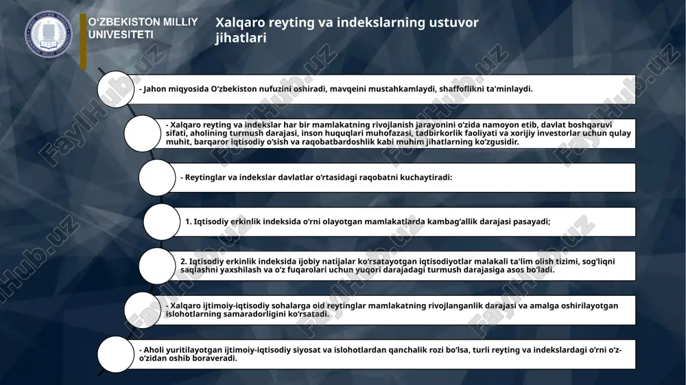 ng agentliklarini xabardor qilish. loyihalar va amaldagi normativ-huquqiy hujjatlarni mamlakatimizning xalqaro reytinglardagi o‘rnini yuksaltirishga to‘sqinlik qilayotgan normalarni aniqlash nuqtai nazaridan ekspert tahlil qilish hamda tahlil natijalariga ko‘ra tegishli tavsiyalar ishlab chiqish; o‘zbekiston respublikasining tegishli reytinglardagi rivojlanish jarayoni to‘g‘risidagi axborotlarni, shuningdek, baholanayotgan yo‘nalishlar bo‘yicha tavsiyalar va xorijiy davlatlarning ilg‘or tajribasini o‘z ichiga olgan axborotlar ma’lumot bazasini yaratish; 2021-yil 22-fevral kuni xalqaro reytinglar va indekslar bilan ishlash bo‘yicha respublika kengashining videokonferentsaloqa tizimi orqali navbatdagi yig‘ilishi o‘tkazildi. 2020-yilda mamlakatimiz uchun ustuvor bo‘lgan jami 13 ta xalqaro reytingda o‘zbekistonning o‘rni yaxshilangan, 3 ta xalqaro reytingda ilk marotaba e’tirof etilgan. mamlakatimizning xalqaro reytinglardagi o‘rniga ta’sir qiluvchi 12 ta qonun, 3 ta kodeks, 14 ta prezident farmoni va qarori, 15 ta hukumat qarori loyihalari ishlab chiqilganligi, ulardan 3 ta qonun, prezidentning 7 ta farmoni va qarori hamda vazirlar mahkamasining 4 ta qarori qabul qilingan alohida xalqaro reytinglar biriktirilgan tadqiqot institutlari ro‘yxati t/r xalqaro reyting nomi tuzuvchi …