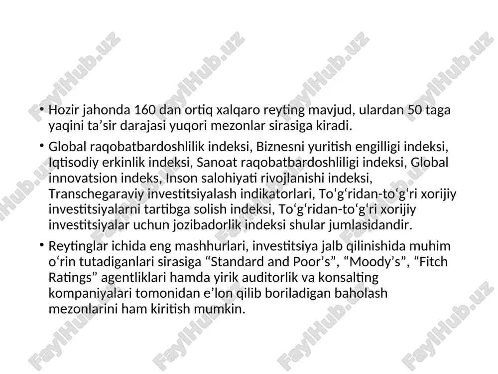 katlar top-10 taligiga kirdi. transparency international xalqaro tashkilotining 2021 yil uchun korrupsiyani qabul qilish indeksida o‘zbekiston o‘z o‘rnini 6 pog‘ona yaxshilab, 180 ta davlat ichida 140-o‘rinni egalladi. mamlakatimiz o‘z tarixida birinchi marta bmtning inson huquqlari bo‘yicha kengashiga a’zo etib saylandi. yaqinda aqsh davlat departamenti tomonidan o‘zbekiston diniy erkinlik sohasidagi “maxsus kuzatuvdagi davlatlar” ro‘yxatidan chiqarilgani keng ko‘lamli demokratik islohotlarimizning e’tirofi bo‘lgan bo‘lsa, faol iqtisodiy islohotlarimiz natijasida yaqinda bmt ning sanoatni rivojlantirish tashkiloti (yunido) ning “raqobatbardosh sanoat unumdorligi indeksi” bo‘yicha hisobotida mamlakatimiz ilk marotaba aks etti va 152 ta davlat orasida 92-o‘rinni, mdh ga a’zo davlatlar orasida 5-o‘rinni, markaziy osiyo mamlakatlari orasida esa 2-o‘rinni egalladi. xususan, iqtisodiyotda davlatning rolini kamaytirish, makroiqtisodiy barqarorlikni ta’minlashga qaratilgan bosqichma-bosqich islohotlar 2020-yilda jahon bankining “biznes yuritish” indeksida 76-o‘rindan 69-o‘ringa ko‘tarilishimizga, “transparency international”ning korrupsiyani qabul qilish hamda “world justice project”ning qonun ustuvorligi indekslarida yurtimizning o‘rni yaxshilanishiga olib keldi. «o‘zbekiston uchun ustuvor reyting hisoblanmagan, bmt xalqaro elektr aloqasi ittifoqining …