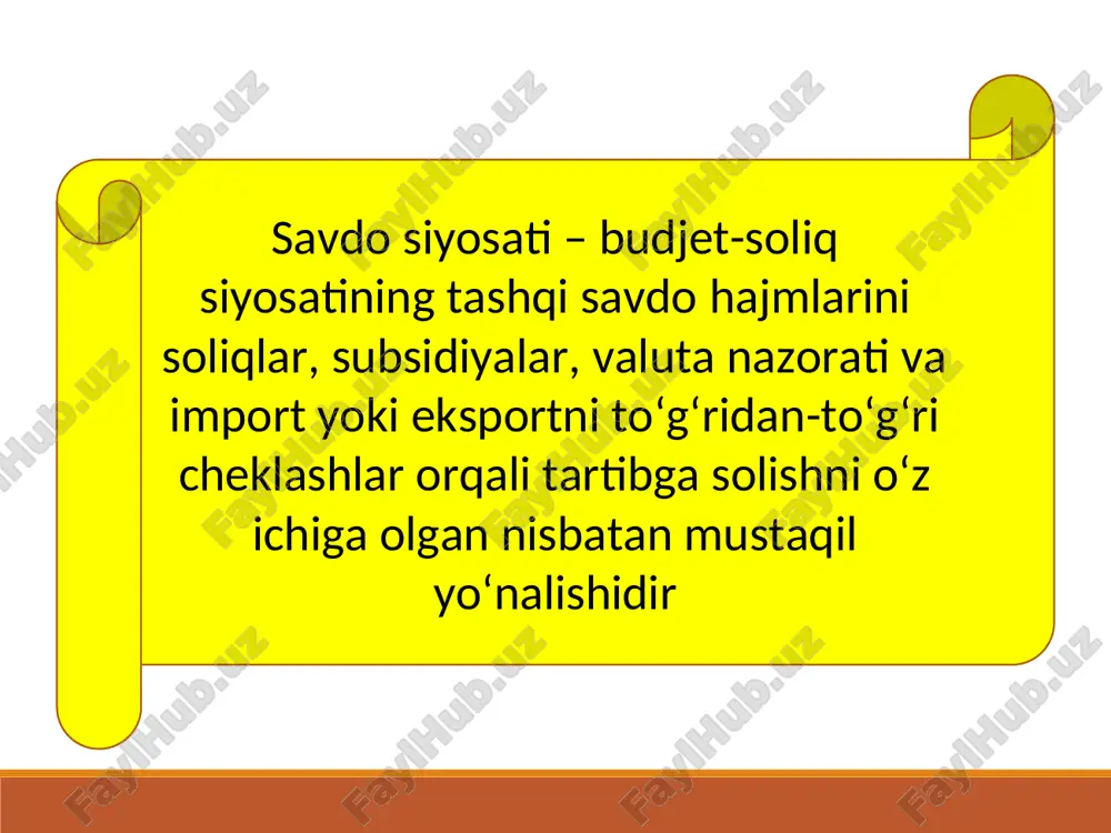 gan tarmoqni tanlashda xatoga yo'l qo'yish mumkin; raqobatdan himoya qilingan tarmoq uzoq muddatda ishlab chiqaradigan mahsulotning sifati va narxi bo'yicha jahon andozalardan orqada qolishi mumkin; јimoya qilingan tarmoqlarda mahsulotga yuqori narxlar qo'yilgani uchun iste’molchilar zarar ko'radi. bu samara vaqtinchalik bo'ladi, chunki ichki choralar natijasida eksport mahsulotining hajmi kamayadi va bu o'z navbatida eksport tarmoqlarida ish joylarni qisqartirilishiga olib keladi. eksportning importdan oshishi (tarif choralarni kiritilganligi sababli) doimiy bo'lmaydi, chunki bu milliy valyuta kursini oshishiga va o'z navbatida eksportning kamayishiga olib keladi. 14 tashqi savdo siyosati 14 dan * slayd importga ta’riflar va ularning ishlab chiqaruvchilarga hamda iste’molchilarga ta’siri xalqaro savdoni tartibga solishda eng ko‘p qo‘llaniladigan usul bo‘lib tarif, ya’ni importga solinadigan bojxona boji hisoblanadi. importga tariflarning maxsus va advalor turlari o‘zaro farqlanadi. maxsus bojlar import qilinayotgan tovarlar birligiga nisbatan o‘rnatiladi. masalan, 1 barel neftga nisbatan 2 yevro. advalor bojlar import qilinayotgan tovar qiymatiga nisbatan ma’lum foiz tariqasida belgilanadi. masalan avtomobil …