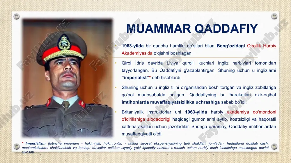 . bu qo’mita o'zini “inqilobiy qo'mondonlik kengashi” (iqk), yangi respublika hukumati deb e'lon qildi. leytenant qaddafiy iqkning raisi va amaldagi davlat rahbari bo’ldi. shuningdek, o'zini polkovnik unvoni bilan taqdirladi va qurolli kuchlarning asosiy qo'mondoni bo'ldi. jalud bosh vazir boʻldi. inqilobiy qoʻmondonlik kengashi siyosatini amalga oshirish uchun sulaymon magʻribiy boshchiligida vazirlar kengashi tuzildi. poytaxt al-beydadan tripoliga koʻchirildi. iqk a'zolari (odatda qishloq) ishchi va o'rta sinfdan bo'lgan yigitlar edi. ularning hech biri oliy ma'lumotga ega emas edi. bu bilan ular ilgari mamlakatni boshqargan badavlat, oliy ma'lumotli konservatorlardan farq qilar edi. iqtisodiy va ijtimoiy islohotlar iqtisodiy siyosatning dastlabki bosqichda tadbirkorlarga yordam berish uchun ko‘plab tashabbuslar yaratildi. 1969-yil sentyabrda liviyaning ekin maydonini kengaytirish va qishloq xoʻjaligida mahsuldorlikni oshirish maqsadida hukumat “yashil inqilob”*ni boshladi. shunda liviya oziq-ovqat importiga kamroq qaram boʻlib qolishi mumkin edi. maqsad oziq-ovqat ishlab chiqarishda liviya o'zini-o'zi ta'minlash edi. italiyalik koʻchmanchilardan eksportatsiya qilingan yoki foydalanilmay qolgan barcha yerlar egallab olingan va qayta …