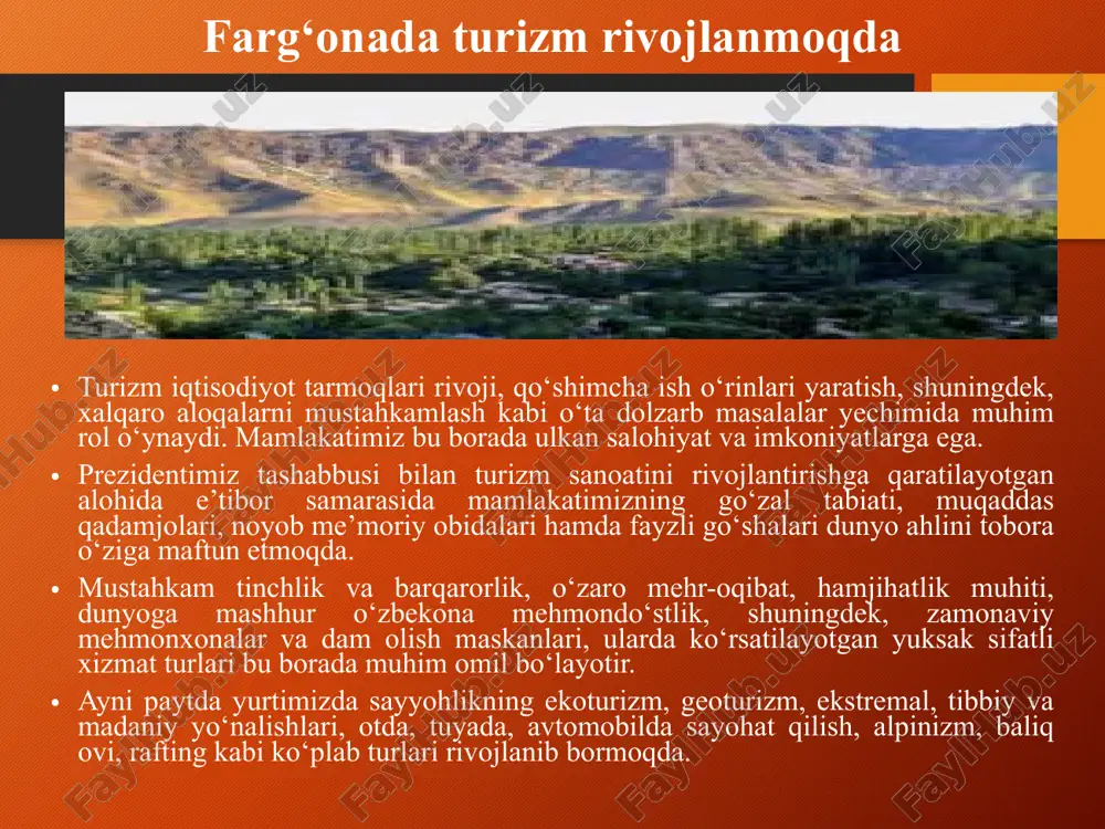 g oxirgi xoni xudoyorxon saroyi, modarixon maqbarasi shular jumlasidandir. 2700 yil yoshga kirgan marg’ilon (2007y) x asrda o’zining ipak matolari bilan mashhur bo’lgan. marg’ilonning monumental yodgorliklaridan bezatilgan, masjid, minora, maqbara va kaptarxonadan iborat bo’lgan kaptarlik kompozasiyasi (xviii) hamda shouda masjidini keltirish mumkin. turistik rayonda milliy hunarmandchilik taraqqiy etgan. shu o’rinda marg’ilon ipaklari, shoyilari va do’ppilari, chust pichoqchiligi, charmdo’zligi, rishton kulolchilik mahsilotlari hamda andijon, asaka, pop, qo’qon, shahrixon kabi shaharlari ham ma’lum hunarmandchilik turlari bilan turistlarini jlb qilish imkoniyatiga ega. yozyovon cho’llari noyob cho’l landshafti bo’lsa, axsi, eski pop, tuproqqal’a ekoturistik obidalar va rayon etnografiyasi, san’ati, madaniyati, urf-odatlari (tuylari, milliy uyinlar) hamda choyxonalari turistik qiziqishni orttiruvchi resurslardir. turistik rayon tabiiy – rekreasiya resurslariga ham boydir. hozirgi kunda mazkur turistik rayonda 55 ga yaqin noyob tabiiy turistik obyektlar hisobga olingan. dam olish va davolanish maskanlariga chortoq, chimyon, shohimardon, vodil kabilarni misol keltirish mumkin. namangan viloyatidagi chortoq, gulshan dam olish va davolvnish sihatgohlari, …