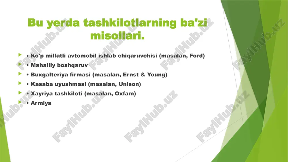 ish ehtimoli ko'proq. d) kapital manbai (i) xususiy kompaniyaning ustav kapitali odatda uchta manbadan ta'minlanadi. (1) muassis yoki asoschi (2) ta'sischi yoki ish beruvchining biznes sheriklari (3) venchur kapitalistlar (ii) bundan tashqari, ommaviy kompaniyaning ustav kapitali to'g'ridan-to'g'ri jamoatchilikdan yoki tan olingan bozorlarda institutsional investorlar orqali jalb qilinishi mumkin. mas'uliyati cheklangan jamiyatlarning afzalliklari va kamchiliklari afzalliklar • investitsiya uchun ko'proq pul mavjud. • cheklangan javobgarlik tufayli investorlar uchun risk kamayadi. • ular alohida yuridik shaxsga ega. kompaniya ko'chmas mulkka egalik qilishi, shartnomalar tuzishi va hokazo huquqlarga ega. • egalik boshqaruvdan ajratilgan. investorlar tranzaktsiyalarda ishtirok etishlari shart emas. • aksiyadorlar hajmi bo'yicha cheklovlar yo'q. ba'zi kompaniyalar millionlab aktsiyadorlarga ega. • ular moslashuvchan faoliyat olib boradilar, vaziyatga qarab kapital va korxonalarni birlashtirishlari mumkin. kamchiliklari davlat sektori davlat sektori davlat va mahalliy hokimiyat organlariga tegishli va boshqariladigan barcha tashkilotlarni o'z ichiga oladi. quyida bir nechta misollar: harbiy muassasa hukumat idoralari aksariyat maktablar va universitetlar …