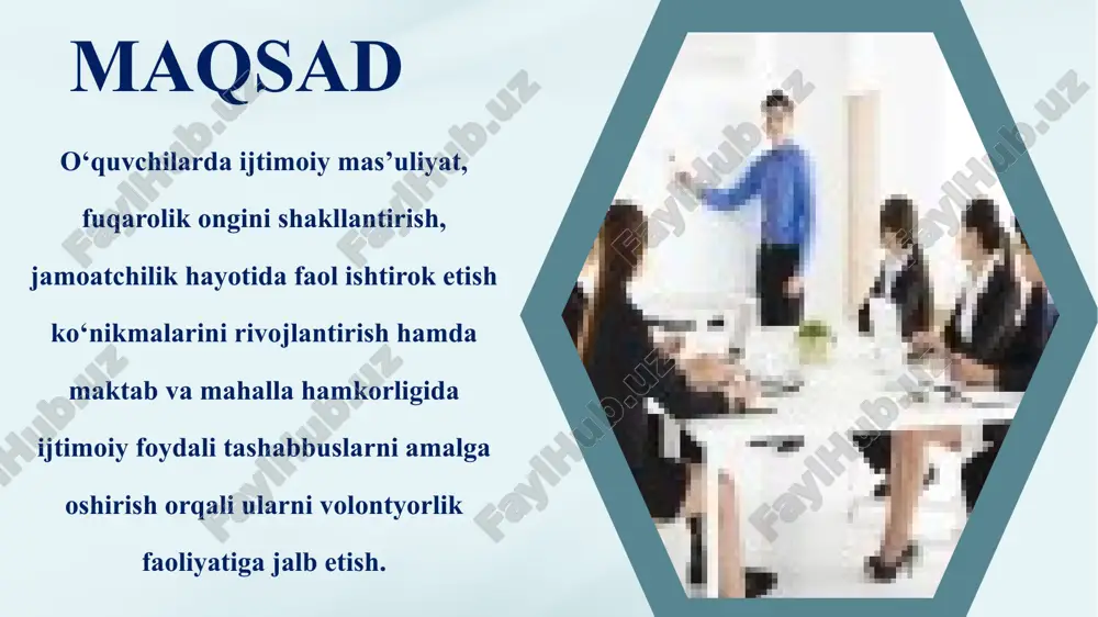 tabda ijtimoiy loyihalar va volontyorlik faoliyatini yo‘lga qo‘yish o‘quvchilarning fuqarolik ongini shakllantirish, mas’uliyat hissini oshirish va ijtimoiy faolligini rivojlantirishga xizmat qiladi. bu jarayonni tizimli tashkil etish orqali maktab va jamiyat o‘rtasida barqaror hamkorlikni mustahkamlash mumkin. xulosa takliflar volontyorlik ishchi guruhini tuzish: – maktab rahbariyati, sinf rahbarlari, psixolog va faol o‘quvchilardan iborat ishchi guruh shakllantirilib, faoliyatni muvofiqlashtiradi. ijtimoiy loyihalar rejasini ishlab chiqish: – maktab va mahalla hamkorligida ekologiya, yordamga muhtoj oilalar, salomatlik, kutubxonachilik kabi yo‘nalishlarda o‘quvchilarni jalb etuvchi loyihalar ishlab chiqiladi. maxsus seminar-treninglar tashkil etish: – volontyorlik madaniyati, jamoaviy ishlash, yetakchilik, kommunikatsiya bo‘yicha o‘quv-seminarlar o‘tkaziladi. motivatsiya va rag‘batlantirish tizimini yaratish: – faol volontyorlarni faxriy yorliqlar, maktab yig‘ilishlarida e’tirof etish, mahalliy oavda yoritish orqali rag‘batlantirish. tajriba almashish va tarqatish: – har chorakda volontyorlik faoliyati bo‘yicha taqdimotlar, ko‘rgazmalar yoki “ilhom soati”lar o‘tkazilib, o‘quvchilar o‘z tajribalari bilan o‘rtoqlashadi. monitoring va baholash tizimini joriy qilish: – har bir loyihani natijalari bo‘yicha o‘quvchilar hisobot tayyorlaydi, ishchi …