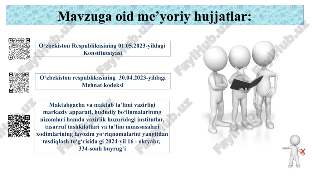 dr-qimmatini himoya qilish, ularning ijtimoiy va moddiy farovonligi, kasbiy jihatdan o‘sishi to‘g‘risida g‘amxo‘rlik qiladi. finlyandiya o‘qituvchilar shaxsiy ish rejasiga ega bo‘lib, dars berish uslublarini erkin tanlash huquqiga ega. mehnat kodeksi asosida maktablarga o‘qituvchilarga qo‘shimcha kasbiy rivojlanish kurslarini taklif qilish majburiyati yuklangan pedagoglarning kasbiy jihatdan o‘sishi, huquqiy savodhonliklarini va mehnat munosabatlarini rivojlantirish maqsadida o‘quv seminarlar tashkil etilishi kerak mavzuni qiyosiy tahlil etilganligi t/r amaldagi holat (o’zbekistonda) amaldagi holat (xorijda) takliflar 3 maktablarda pedagoglar va xodimlar muayyan va nomuayyan muddatlarga, sinov muddatisiz yoki sinov muddati bilan ishga qabul qilinadi. aqsh aqsh o‘qituvchilar shtatlar bo‘yicha turli xil shartnomalar asosida ishlaydi. ayrim shtatlarda doimiy shartnomalar mavjud bo‘lsa, ayrimlarida muddatli shartnomalar (contract-based employment) amalda. masalan, illinoys shtatida o‘qituvchilarni ishdan bo‘shatish faqat avvaldan ogohlantirish va hujjatlashtirilgan sabablar asosida amalga oshiriladi raxbarlar uchun hodimlarni ishga olish va ishdan bo‘shatish vaqtlarida mehnat kodeksidan to‘g‘ri foydalanishlari uchun malaka oshirish kurslarini tashkil etish kerak. maktab tizimida mehnat kodeksini samarali qo‘llash …