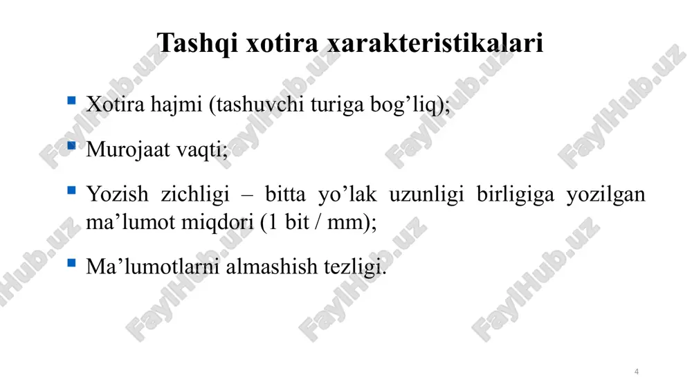 gnit va optik disklarda va magnit lentalarda bo ’ lishi mumkin . reja 2 1 7 - mavzu . tashqi xotira va ularning turlari, raid massivlar . lazerli disklar klassifikarsiyasi : yozish imkoniyati mavjud emas cd-rom (compact disk read only memory) va dvd-rom (digital video disk read only memory) ; bir marta yozish va ko’p marta o’qish cd-r va dvd-r ; ko’p marta qayta yozish cd-rw va dvd-rw ( rw – re writable). 17 lazerli cd- disklar o vozli cd ( compact disk ) diametri 12 sm 74- 80 minut ovozminut cd-rom, cd-r, cd-rw : 650- 700 m bayt cd-rom – faqat o’qish cd-r ( bo’m-bo’sh ) – bir martalik yozish cd-rw – ko’p martalik yozsih mini - cd (- r, -rw) diametr 8 sm 24 minut ovoz , 210 mbayt ishonchlilik , chidamlilik k o’p arzon v inchestrga qaraganda o’qish va yozish tezligi past style.visibility style.visibility style.visibility style.visibility style.visibility …