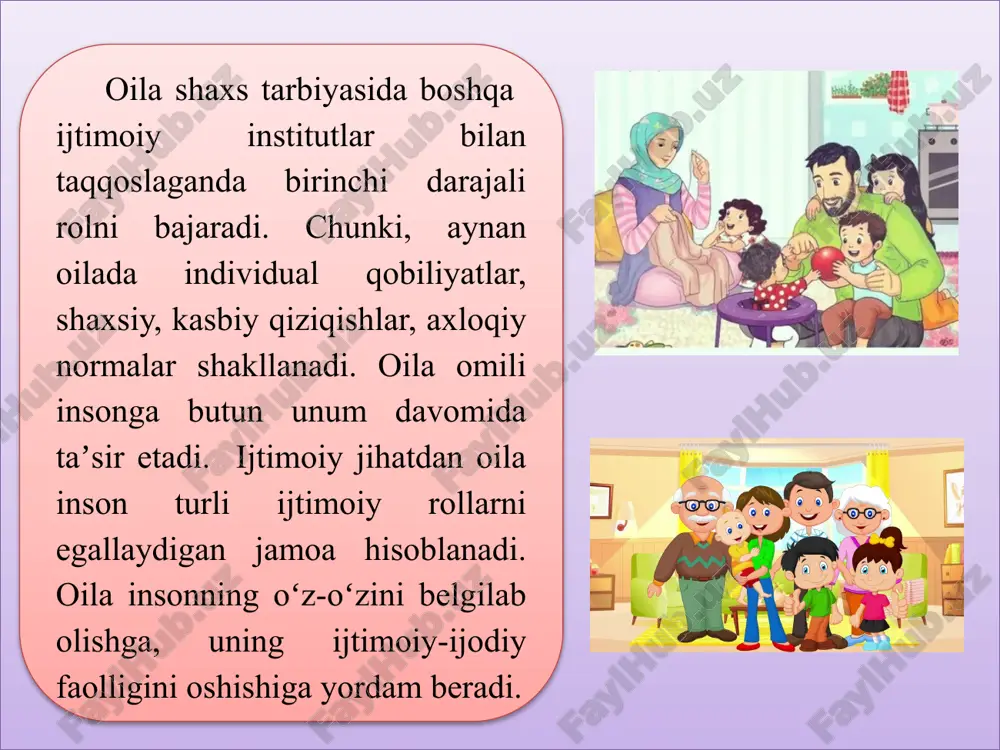 to‘lovi kabi masalalarda ham muammo chiqib turadi. psixologik (ruhiy) maqom-bu oilaning psixologik iqlimi. yaxshi iqlim emotsional yaqinlik, hamkorlik, teng huquqlilik bilan xarakterlanadi. yomon, noxush iqlim esa nizo - janjallar ko‘pligida emotsional noqulayliklarda namoyon bo‘ladi. ijtimoiy-madaniy maqom - ta’lim darajasi, yurish turish madaniyati, ana’nalarni saqlab qolish va o‘tkazish vazifasi, qiziqishlarningkeng doirasi, rivojlangan ma’naviy ehtiyojlar, dam olish va maishiy hayotning birgalikdagi shakllari. vaziyat–rol maqomi- bolaga munosabat xarakteri. oilaning ijtimoiy moslashuv bo‘yicha tadqiqot o‘tkazish uchun ijtimoiy pedagogika uning xususiyatlarini bilishi, ularga baho berish. lozim. ijtimoiy pedagogning oiladagi faoliyati uch asosiy ijtimoiy pedagogik yordam - ta’lim, psixologik, vositachilik yordamlaridan iborat. ijtimoiy pedagog oilalar bilan ishlaganda huquqni muhofaza qilish organlari bilan yaqin hamkorlik asosida ish yuritishi darkor. ijtimoiy pedagogning oila bilan ish yuritishi ijtimoiy pedagog faoliyati oilani oʻrganishdan boshlanadi. oiladagi munosabatlarni oʻrganish pedagogga oilada bolaning holatini tasavvur qilish imkonini beradi. oilani oʻrgangandan keyin ijtimoiy pedagog oldida oilada yangi munosabatlarni oʻrnatish vazifasi turadi. bu muammoni oilani …
