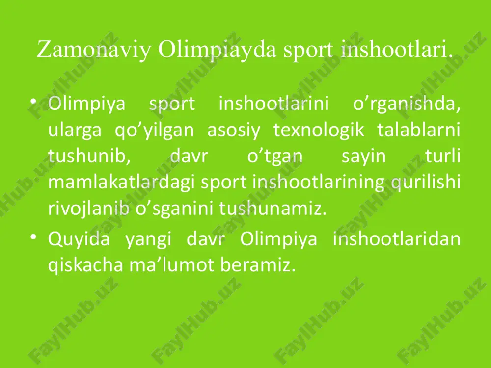 sh yo’lagi qurilgan, unda d.suens 100 m li masofani 10,2 sek yugurib o’tgan. berlin stadioni 90 ga (gektar) maydonni egallab, unda asosiy sport maydonidan tashqari ochik suzish xavzasi, gimnastika zallari, futbol maydoni va mashq qilish maydonlari bo’lgan. xii olimpida o’yinlari (1940 y.) finlyandiyaning xelsinki shaxrida bo’lishi kerak edi, ammo bo’lmagan. xiii olimpiada o’yinlari (1944 y.) angliyaning london shaxrida bo’lishi kerak edi. ikkinchi jaxon urushi sababli olimpiada o’tkazilmagan. xiv olimpiada oyinlari (1948 y.) angliyaning london shaxrida bo’lib o’tdi. olimpiada uchun aloxida stadion qurilmagan, sababi ikkinchi jaxon urushi mamlakatni iqtisodiyotini qiyin ahvolga olib kelgan edi xv olimpiada o’yinlari (1952 yil) finlyandiyaning xelsinki shaxrida bo’lgan. xelsinkidagi olimpiada stadioni 1940 yildan 1952 yilgacha qurilgan. asosiy sport maydonlari tribunasiga 60000 tomoshabin sig’gan. sport arenasida 105x70 m li futbol maydoni, 400 m li sopol qoplamali yugurish yo’lagi va yana ochik; suzish xavzasi, katta sport zali, shug’ullanish maydonlari, yengil atletika yadrolari bo’lgan. xvi olimpiada o’yinlari (1956 y.) …