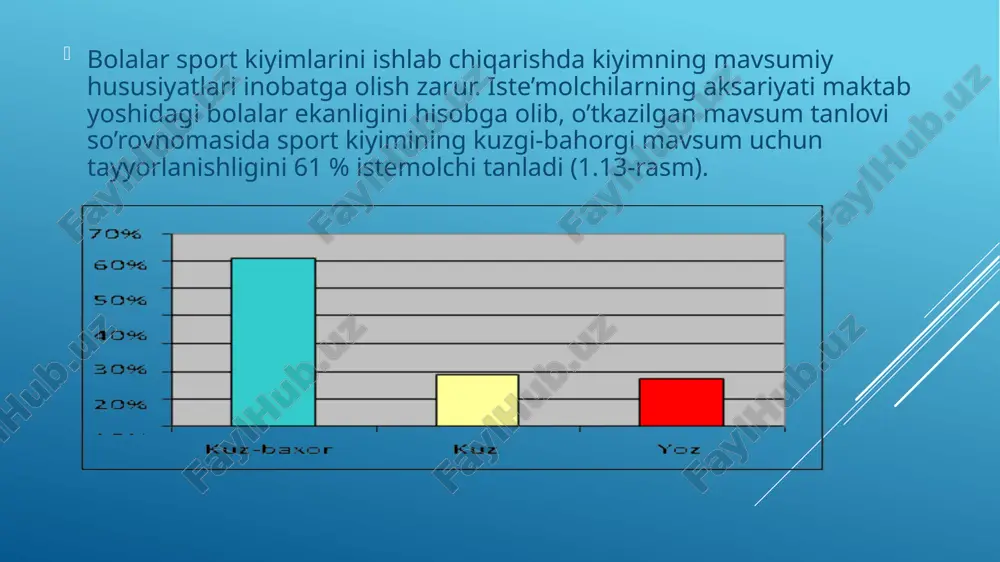 lari zamonaviy bozor tuzilishi va bezagi bo’yicha turli matolarning ishlatilishi bilan xarakterlanadi. bolalar kiyimi ayniqsa, sport kiyimlari tabiiy matolardan tayyorlanadi. masalan, velyer, maxra, lastik, trikotaj, tabiiy tola aralashgan neylon va boshqalardan tikiladi. shuningdek sun’iy matolar xam ishlatilishi mumkin. bunda sport turi , bola yoshini xisobga olish kerak. sport kiyimlarini ishlab chiqarishda gazlamaning tolaviy tarkibidan tashqari uning o’rilish turi, dinamik- mexanik xususiyatlarini inobatga olish zarur bo’lib bunda, gazlamaning pishiqligidan tashqari uning uzilishi (yirtilishi)ham muhimdir. sport kiyimini tayyorlash uchun gazlama tanlash so’rovnomasi natijalari bo’yicha iste’molchilarning 59 % trikotaj, 15 % plashlik hamda teri maxsuloti bilan kombinatsiyalashishini, 14 % maxra hamda 11% flanel gazlamalarini tanladilar image1.jpeg image2.jpeg image3.jpeg image4.jpeg image5.jpeg image6.jpeg image7.jpeg image8.jpeg image9.jpeg image10.jpeg image11.jpeg image12.jpeg image13.jpeg image14.jpeg image15.jpeg image16.jpeg image17.png image18.png image19.png image20.jpeg image21.jpeg image22.jpeg /docprops/thumbnail.jpeg