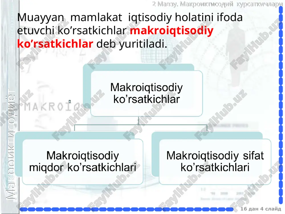 indekslariningkamchiliklarini fisher indeksi yumshatadi makroiktisodiyot 2 mavzu. makroiktisodiy kursatkichlari foydalanilgan adabiyotlar: 1. e.i.ergashev, n.s.kasimova, u.k.muxtorova, g.x.nazarova makroiqtisodiyot. o‘quv qo‘llanma. t. iqtisod - moliya, 2018 2. mankiw n.gregori. macroeconomics. 7-th edition. harvard university. ny.: worth publuthers, 2018. -602 b. 3. ishmuhamedov a.e., djumaev z.a., jumaev q.x. makroiqtisodiyot. o‘quv qo‘llanma. t.: o‘zbekiston yozuvchilar uyushmasining adabiyot jamg‘armasi nashriyoti, 2015. -192 b. 4. axmedov d.q., ishmuhamedov a.e., djumaev z.a. makroiqtisodiyot. o‘quv qo‘llanma. t.: o‘zbekiston yozuvchilar uyushmasining adabiyot jamg‘armasi nashriyoti, 2014. -240 b. 5. menkyu n.g. printsipi makroekonomiki: 5-e izd./per.s ang. - spb.: piter, 2018. - 544 s. 16 dan * slayd * makroiktisodiyot 2 mavzu. makroiktisodiy kursatkichlari 16 dan * slayd e’tiboringiz uchun raxmat! makroiktisodiyot 2 mavzu. makroiktisodiy kursatkichlari 16 dan * slayd 110+10=120 60 60+35=95 95+15=110 yaim hisoblash usullari: ishlab chiqarish usuli (qo‘shilgan qiymat bo‘yicha) qo‘shimcha qiymat 60 + 35 + 15 + 10 = 120 makroiktisodiyot 2 mavzu. makroiktisodiy kursatkichlari 16 dan …