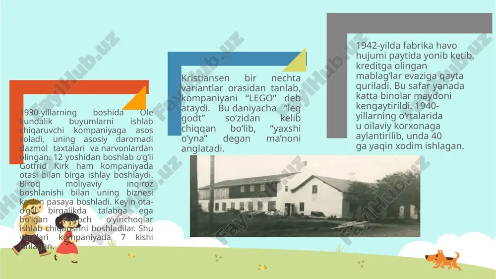 berildi. 1950−1953: ushbu dizayn uchun kompaniya qalin harflar va o‘yinchoq qutisi dizaynidan voz kechdi, aksincha yangicha belgi — aylanadan foydalandi. bu doira markazida “lego” so‘zlari bo‘lgan shtampga o‘xshardi, uning chekkasidagi qora doirada “billund danmark” yozilgan. bu safar qora, oq va qizil ranglardan foydalanildi. 1953−1955: bundan oldingi versiya uchun o‘zgartirish kiritish bir necha oy davom etgan. dizaynerlar navbatdagi yangi logotip ustida 2 yil ishlab, unga oldingi nusxadan bir qancha jihatlarni qo‘shishdi. faqat qizil harflar endi oq rangda tasvirlandi. 1955−1959: navbatdagi logotipda “lego” brendi joylashgan qizil ovaldan foydalanilgan. harflar oq va qalin, lekin burchaklari yumaloq va pufakchali edi. shrift tanlovi brendning ruhini ifodalagan. 1959−1960: bu gal katta o‘zgarish kuzatilmadi, faqat “system” so‘zi qo‘shildi. 1960−1964: “lego” jamoasi oval fonni olib tashlashga qaror qildi va uning o‘rniga oldingi sariq va qizil to‘rtburchaklarni qo‘lladi. “system” so‘zi shrifti kursiv, sariq harflarga yangilandi. ushbu logotip brendning identifikatori uchun to‘rtta rangni o‘z ichiga olgan — qizil, oq, qora …