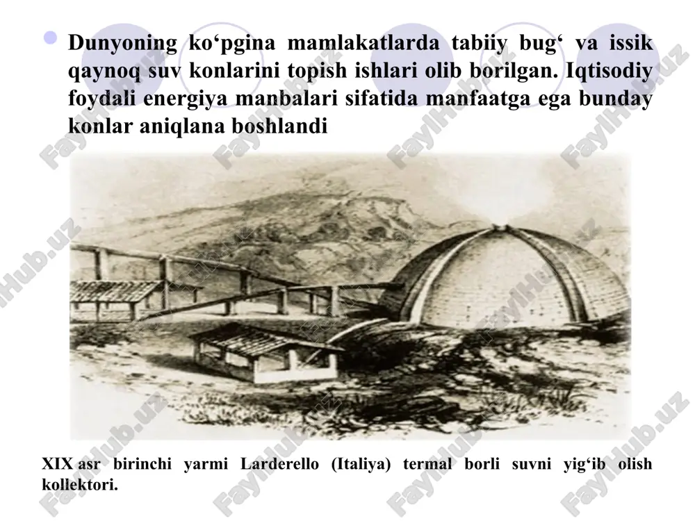 tashkil etadi. amalda geotermal suvlar respublikaning barcha mintaqalarda mavjud. respublika bo‘yicha geotermal suvlarning o‘rtacha temperaturasi 45,5 oc-ga ega, eng issiq suvlar buxora (56 os) va surxandaryo (50 os) viloyatlarda bo‘ladi. 40 oc-dan yuqori temperaturali geotermal suvlar past temperaturali isitish uchun foydalaniladi (issiqlik nasoslardan foydalanib yoki ularsiz) jahon hamjamiyati energiyaning salmoqli miqdorini iste’mol kiladi. organik yoqilg’ini yoqish issiqxona uchun yetakchi manba hisoblanadi. ishonchli va qayta tiklanadigan energiya topish kelajak uchun muhim sanaladi. bunda asosiy manba geotermal energiya xisoblanadi. «geotermal energiya» so’zi yunoncha – geo tuproq va termo issiqlik so’zlarining qo’shilmasidan hosil bo’lgan. u issiqlikni yer yuzasidan to’g’ridan – to’g’ri oluvchi manbadir. eng faol geotermal nuqtalar vulqonlar yaqinida joylashgan bo’ladi, lekin ular issiq buloqlar, geyzerlar va geotermal omborlar boshqa joylarda ham paydo bo’ladi. geotermal energiyadan foydalanib global energiya inqirozini xal qilish metadologiyasini quyidagi sabablar bilan tushuntirib berish mumkin: geotermal energiya yer yuzasidan bug’ va issiq suvni ishlatish yo’li bilan olinadi. bu bug’ …
