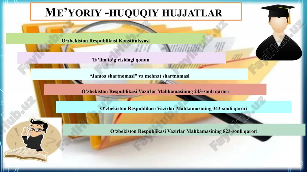 ning ish samaradorligini baholamaymiz. agar biz barcha o‘qituvchilar uchun ishlash samaradorligini oshirishning usullarini va baholash mezonlarini amalda qoʻllasak xodimlarning sogʻlom ish va hayot muvozanatiga ega boʻlishini ta'minlagan bo‘lar edik. 12 takliflar ko‘proq turli ma’naniy-ma’rifiy tadbirlarga va treninglarga jalb qilish hamda jamoaviy tadbirlarni doimiy tashkil qilish kerak. xodimlarga oylik maoshlarinining oshishi faqatgina o‘zlariga bog‘liq ekanligini turli treninglar va davra suhbatlari orqali tushuntirish kerak xodimlarni yaxshi bilish uchun ular bilan ko‘proq muloqot qilish, ularga bajara olishiga ishonch hosil qilgan holda vazifalar topshirish va xodimning o‘z kasbiga bo‘lgan ma’sulyatini yanada oshirish; jamoadagi har bir xodimning shaxsiy yutuqlarini maqtash, taqdirlash, mukofotlash va e'tibor qaratish zarur; t/r muammo muammoning amalga oshirish mexanizmi mas’ullar muddati kutilayotgan natija 1 demotivatsiyaga ega xodimlarning maktab rahbariyati e’tiboridan chetda qolayotganligi demotivatsiyaga ega xodimlarni aniqlash maktab rahbariyati hamkorligida yil davomida demotivatsiyaga ega xodimlar aniqlanib ularga mos ish beriladi, ularning rivojlanishi nazoratda bo’ladi ish taqsimotini qayta ko‘rib chiqish har chorakda demotivatsiyaga ega …