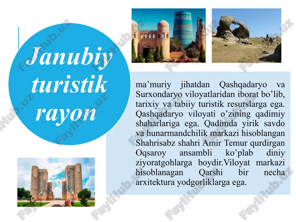 . jarqo`rg`on minorasi xii asr boshi. hozirgi jarqo`rg`on tumanining alisher navoiy nomidagi jamoa xo`jaligida joylashgan. o`rta osiyoning shu turdagi minoralari orasida o`zining jimjimador o`n olti tutamlik yarim ustuni bilan ajralib turadi. bu ustunlar qavariq, (qovurg`a) shaklida bo`lib, yuzasi yotiq kesimda ko`p yaproqli gulga o`xshaydi. quyiga tusha borgan sari qavariqlar go`yo yig`ilib ketganday tuyuladi. yuqori qismida esa ular ravoqchalar zanjiri va enli epigrafik hoshiya bilan jipslashgan. minora asosi baland sakkiz qirrali kursiga o`rnatilgan. har bir qirraning markazida xushbichim ravoqli tahmonlar bor. ana shu tahmonlardan bittasi janubiy-g`arbiy qirrada minora ichki aylana zinasiga olib chiqadi. oqsaroy xiv asr. 1378-1379 yillarda amir temur xorazmdagi barcha usta va hunarmandlarni keshga keltirib, shaharda ulkan obodonlashtirshi ishlarini olib borgan va o`z davri uchun tengi bo`lmagan oqsaroyni qurdirgan. oqsaroy poydevoriga qo`yilgan dastlabki g`ishtlar oltin qumdan tayyorlangan. saroy bezaklari orasiga alloh taologa hamdu sanolar va amir temurga maqtov so`zlari bitilgan. hazrati imom maqbarasi xiv asr. 1384 yilda amir temur …
