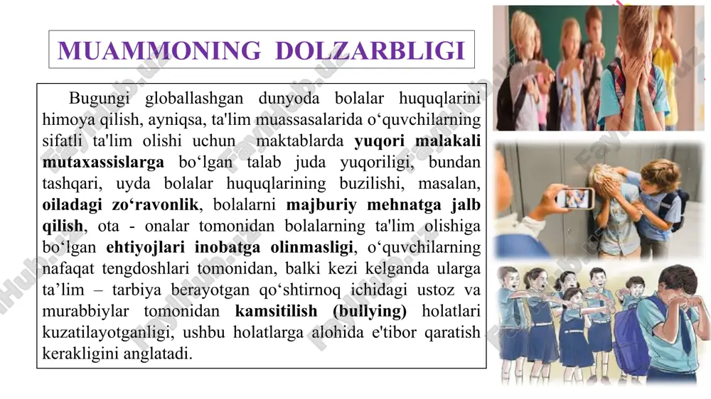 ilgan imkoniyatlardan kelib chiqib, tuman miqyosida, kelgusida viloyat miqyosida maktab reytingini oshirish. 3. “bolalar – bizning ertangi sudyalarimizdir.” maksim gorkiy xulosa ota – onalar farzandlari oldidagi ma’suliyatlarini chuqur anglab yetishlari, buning uchun esa ular bilan doimiy hamkorlikni yo‘lga qo‘yish. ta’lim muassasasida hamkorlikda faoliyat olib borayotgan subyektlarning teng huquqliligi va ma’suliyatini oshirish. o‘quvchilar o‘rtasida o‘zaro hurmat, bir maqsad sari intilish ko‘nikmalarini shakllantirish tizimini tashkil etish. maktab o‘z oldiga qo‘ygan funksiyasini to‘laqonli bajarishga, sifatli ta’lim – tarbiya berish va o‘quv jarayonlarini zamon talablariga moslab borishi. e’tiboringiz uchun rahmat! image5.jpeg image6.jpeg image7.jpeg image1.png image2.png image3.png image4.png image8.jpg image9.jpeg image10.png image11.png image12.png image13.jpeg image14.png image15.jpeg image16.jpg image17.jpg image18.jpg /docprops/thumbnail.jpeg