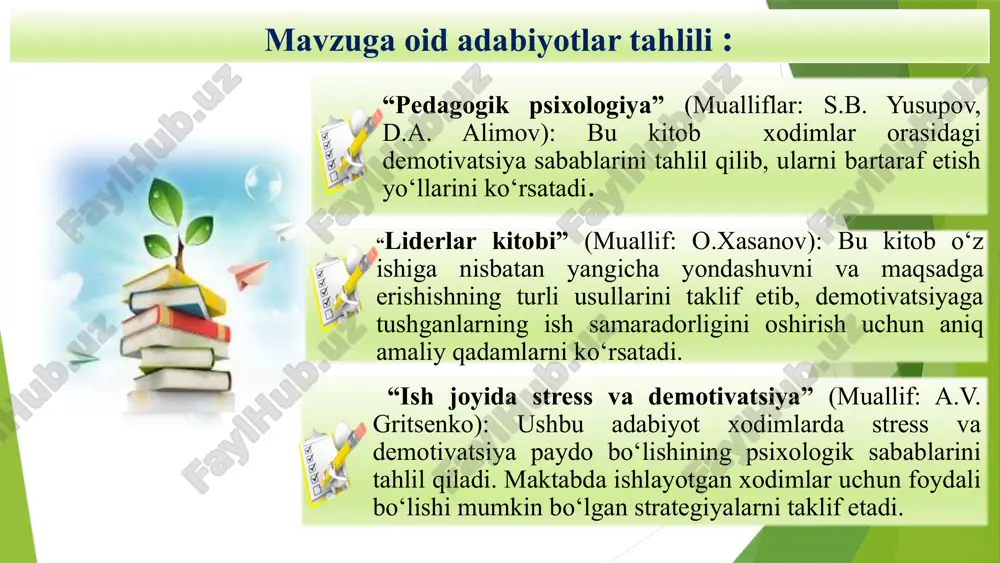 ibdo‘, psixolog 2024-2025- o‘quv yili har chorakda maktabda xodimlarning ta’lim berish sifati va samaradorligi oshadi. 3. maktab rahbariyatidan o‘qituvchilarni yetarlicha qo‘llab-quvvatlash va motivatsiya qilish faoliyatining yo‘qligi o‘zbekistonning turli shaharlaridagi tarixiy obidalar va muzeylarga sayohatlarni yil davomida muntazam ravishda tashkil etish direktor, o‘ibdo‘, mmibdo‘, kasaba uyushma raisi 2024-2025- o‘quv yili davomida (reja asosida) stressni kamaytiradi shuningdek, o‘qituvchilarning ishga bo‘lgan qiziqishlarini tiklashda yordam beradi 11 e’tiboringiz uchun tashakkur ! image2.png image3.png image4.png image5.png image6.png image7.jfif image11.jpg image12.jpeg image18.png image19.png image20.png image21.png image22.png image23.png image24.png image25.png image15.jfif image16.png image17.jpeg image26.jpg image32.png image33.jpeg image1.jpeg /docprops/thumbnail.jpeg