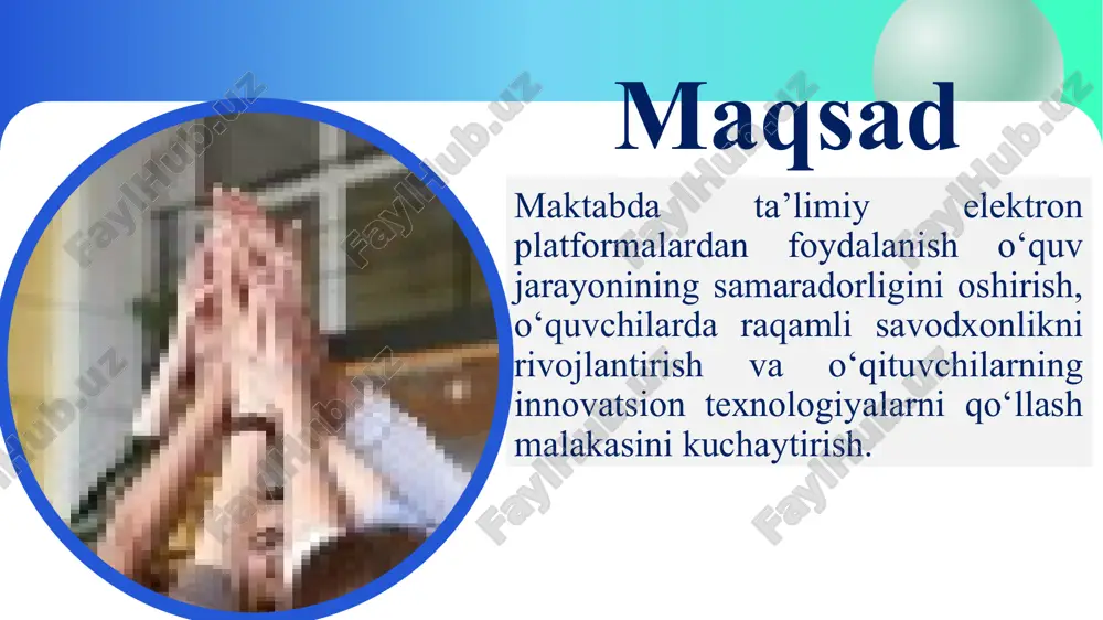 bo‘lsa-da, ko‘pchilik maktablarda ularning imkoniyatlaridan to‘liq foydalanilmayapti. qozogʻiston respublikasi 2020-yildan boshlab barcha umumiy o‘rta ta’lim maktablariga elektron platformalarni majburiy integratsiya qilishni boshlagan. xususan, bilimland, daryn.online, kundelik.kz kabi raqamli taʼlim platformalari orqali o‘quvchilar va o‘qituvchilar darsliklar, testlar, videoresurslar va elektron kundalikdan faol foydalanmoqda. qozogʻiston tajribasiga tayangan holda, barcha maktablar uchun kamida bitta davlat tomonidan belgilangan elektron platformadan muntazam foydalanish majburiyati joriy qilinishi lozim. 3 o‘zbekistonda platformalardan asosan dars jadvallari, o‘quvchilar davomatini kuzatish va ba’zan test topshiriqlarini yuborish uchun foydalaniladi. yaponiyada elektron platformalar nafaqat dars berish, balki darsdan tashqari faoliyat, baholash, ota-onalar bilan aloqa va tahlil ishlarini yuritishda to‘liq integratsiyalashgan. ota-onalar uchun ham raqamli platformalar orqali o‘quv jarayonida ishtirok etish imkoniyatlarini kengaytirish – bu ham shaffoflik, ham hamkorlikni kuchaytiradi. chora-tadbirlar rejasi t/r muammo amalga oshirish mexanizmi mas’ullar muddati natija 1 maktabda o‘quvchilarning platformalardan mustaqil va to‘g‘ri foydalana olmayotganligi. 1. maktabda o‘quvchilar orasida raqamli savodxonlik mashg‘ulotlarini darsdan tashqari tashkil etish 2. amaliy topshiriqlar …