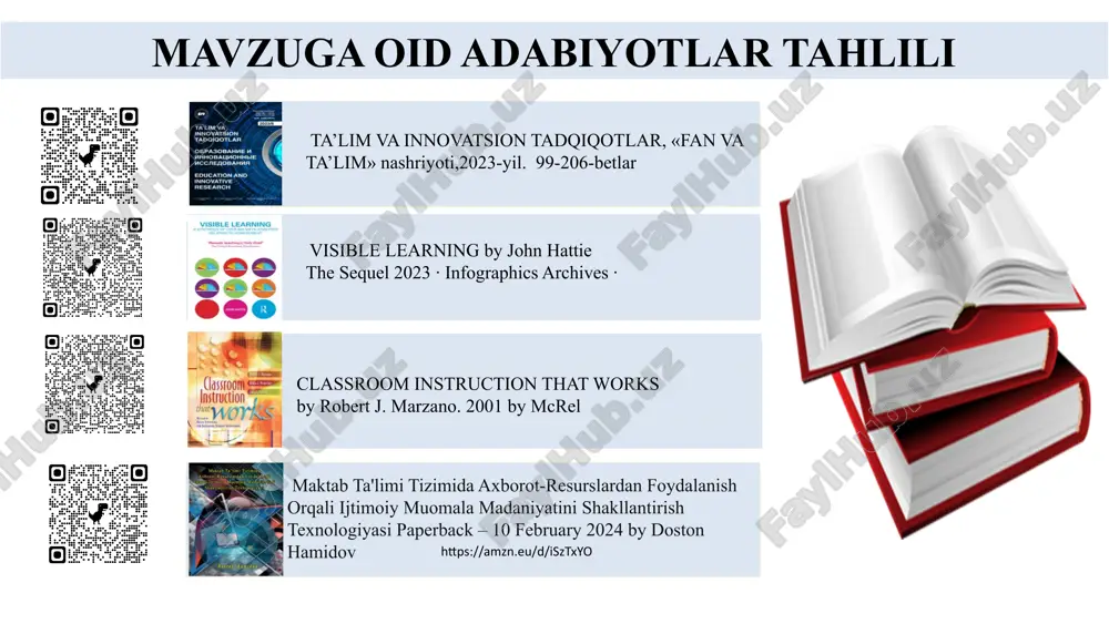 rini qo‘llash, interaktiv ta'lim vositalari va elektron o‘qish materiallaridan foydalanish joriy etilmoqda buyuk britaniyada o‘qituvchilarni tayyorlash va malakasini oshirishda pedagogik, psixologik va metodik yondashuvlar haqida keng treninglar beriladi. britaniyada nomoddiy resurslar (o‘qituvchilarning malakalari, psixologik qo‘llab-quvvatlash, innovatsion metodlar) ta'limning samaradorligini oshirishga qaratilgan. maktablarda smart-doskalar, raqamli materiallar va o‘quvchilarga mo‘ljallangan interaktiv dasturlarni ko‘proq qo‘llash. mavzuni qiyosiy tahlil etilganligi xulosa maktabda nomoddiy resurslardan samarali foydalanish ta’lim sifatini oshirish, o‘quvchilarning ijodiy va aqliy salohiyatini rivojlantirish hamda ta’lim jarayonini yanada samarali tashkil etishda muhim ahamiyatga ega. o‘qituvchilarning bilim va tajribalaridan, o‘quvchilarning qobiliyat va ijodkorligidan, axborot resurslari va madaniy merosdan to‘g‘ri foydalanish orqali maktab muhitini innovatsion va motivatsion markazga aylantirish mumkin. buning uchun tajriba almashish, mentorlik tizimini rivojlantirish, axborot texnologiyalaridan foydalanish, madaniy va ilmiy tadbirlarni tashkil etish kabi chora-tadbirlarni amalga oshirish lozim. taklif psixologik va ijtimoiy resurslarni kuchaytirish; innovatsion texnologiyalarni kengaytirish; o‘qituvchilar va psixologlar uchun metodik qo‘llanmalar va treninglarni ko‘paytirish; t/r muammo amalga oshirish mexanizmi mas’ullar …