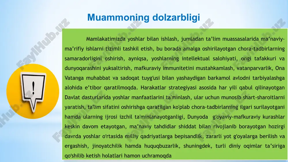holat (aqsh) aksariyat amerikalik o'smirlar chet elga sayohat qilish va boshqa tillarni o'rganishga ishtiyoqlidir. uchdan ikki qismi (67%) xorijiy mamlakatlarga tashrif buyurishga "katta qiziqish" borligini, yana 21 foizi esa "bir oz qiziqish" borligini aytdi. aksariyat ko'pchilik chet tilini o'rganishni xohlashlarini aytishadi (baribir ko'plab o'smirlar o'rta maktabda buni qilishlari kerak) -- 54% katta qiziqish bildiradi va 26% biroz qiziqish bildiradi. amaldagi holat (xorijda) amerikada ta`limida maktablarda turli xil to’garaklar, uchrashuvlar, shoular va sayohatlar uyushtiriladi, ammo ularning hammasiga haq to’lash lozim. o’rta maktablar quyi va yuqori bosqichlardan iborat. taklif har bir ta’lim muassassida tugaraklar faoliyatini yo‘lga qo‘yish va samarali tashkil etishda o‘quv jarayonlarini bir navbatliligiga erishish. taklif maktab moddiy-texnik bazalalarini xorijiy mamlakatlar raqobatdoshligiga erishish. 8 g‘oyani taklifni amalga oshirish yo’llari ta’lim muassasalarida axborot texnologiyalaridan samarali foydalanishni tashkil qilish borasida – “bir million dasturchi”, “dasturlashga birinchi qadam” loyihalarini amalga oshirishi ma’naviyat va kitobxonlikni targʻib qilish borasida – “zakovat” musobaqasi, “quvnoqlar va zukkolar”, “zukko …