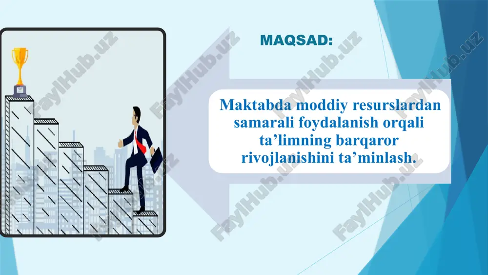 lanish 3.vm-343-sonli qaror asosida ehtiyojdagi resurslarni olish direktor, direktor o‘rinbosarlari xo‘jalik ishlari bo‘yicha direktor o‘rinbosari o‘quv yili davomida . ta’lim sifati oshadi, innovatsion o‘qitish usullari rivojlanadi, fan va texnikaga qiziqish ortadi,jismoniy va ruhiy sog‘lomlik rivojlanadi. 2 maktabda kutubxona zamonaviy moddiy resurslar bilan boyitilmaganligi 1.kerakli resurslarni aniqlash kompyuter, noutbuklar, elektron o‘quv qurilmalar, audio-video materiallar, badiiy kitoblar va metodik qo‘llanmalar, ergonimik o‘rindiq va stollar 2.maktabda vm-343-qaror asosida topilgan mablag‘lar hisobidan direktor, o‘tibdo‘ metod birlashma rahbarlari, xo‘jalik ishlari bo‘yicha direktor o‘rinbosari o‘quv yili davomida . kitobxonlikni targ‘ib qilish, yoshlarni va ota-onalarni kitob o‘qishga bo‘lgan qiziqishi ortadi. 3 maktabda byudjetdan tashqari mablag‘ topishning samarali yo‘lga qo‘yilmaganligi 1. maktabda byudjetdan tashqari mablag topish bo‘yicha strategik reja ishlab chiqish; 2.homiylar, ijarachilar, pullik xizmatlar va pullik to‘garaklar yo‘lga qo‘yish; direktor xo‘jalik ishlari bo‘yicha direktor o‘rinbosari kuzatuv kengashi a’zolari o‘quv yili davomida . maktabning moliyaviy mustaqilligi oshadi, ta’lim sifati va sharoitlari yaxshilanadi, maktab moddiy resursi boyishiga xizmat qiladi. …